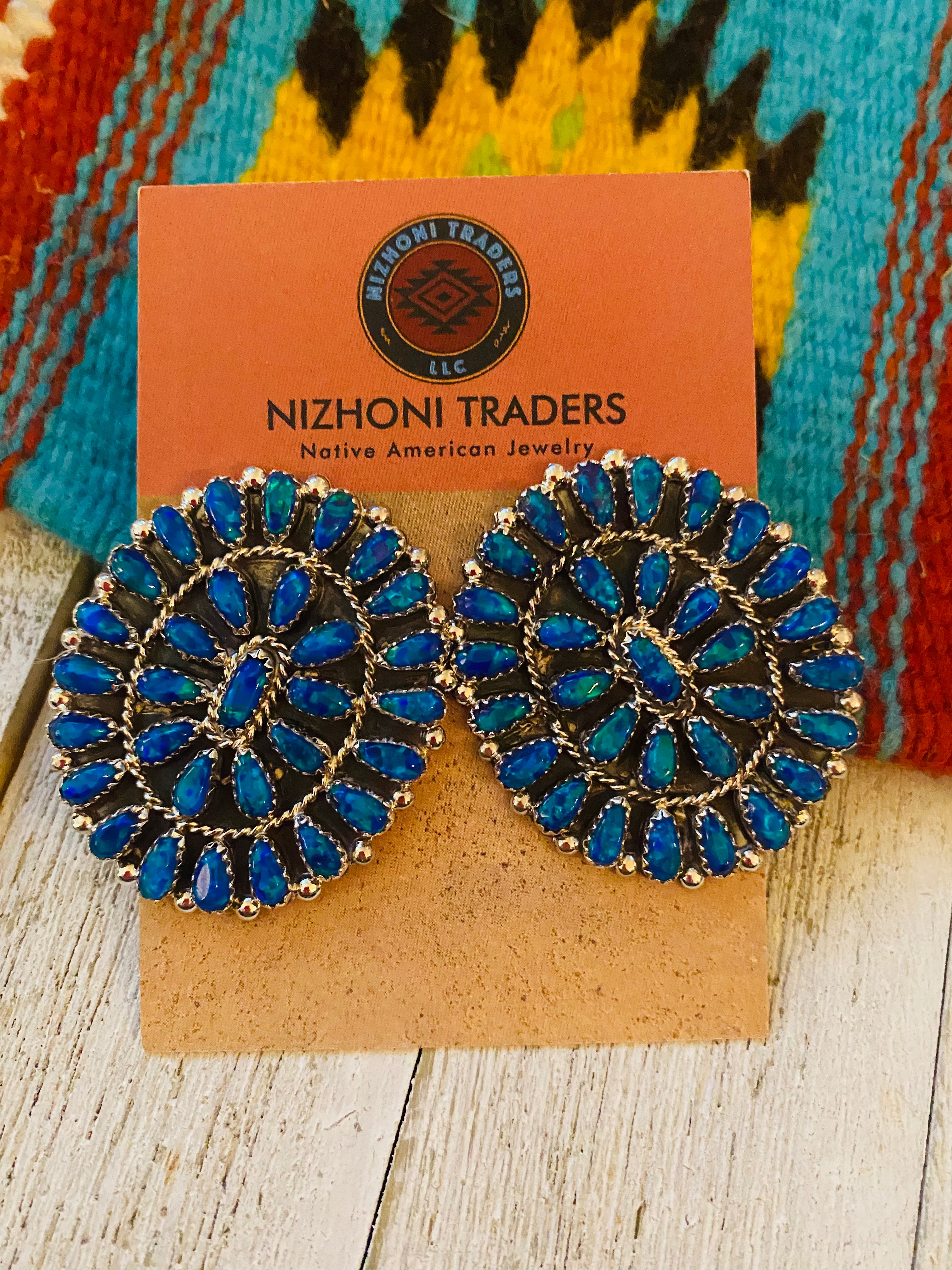 Navajo Sterling Silver & Blue Opal Cluster Post Earrings Signed