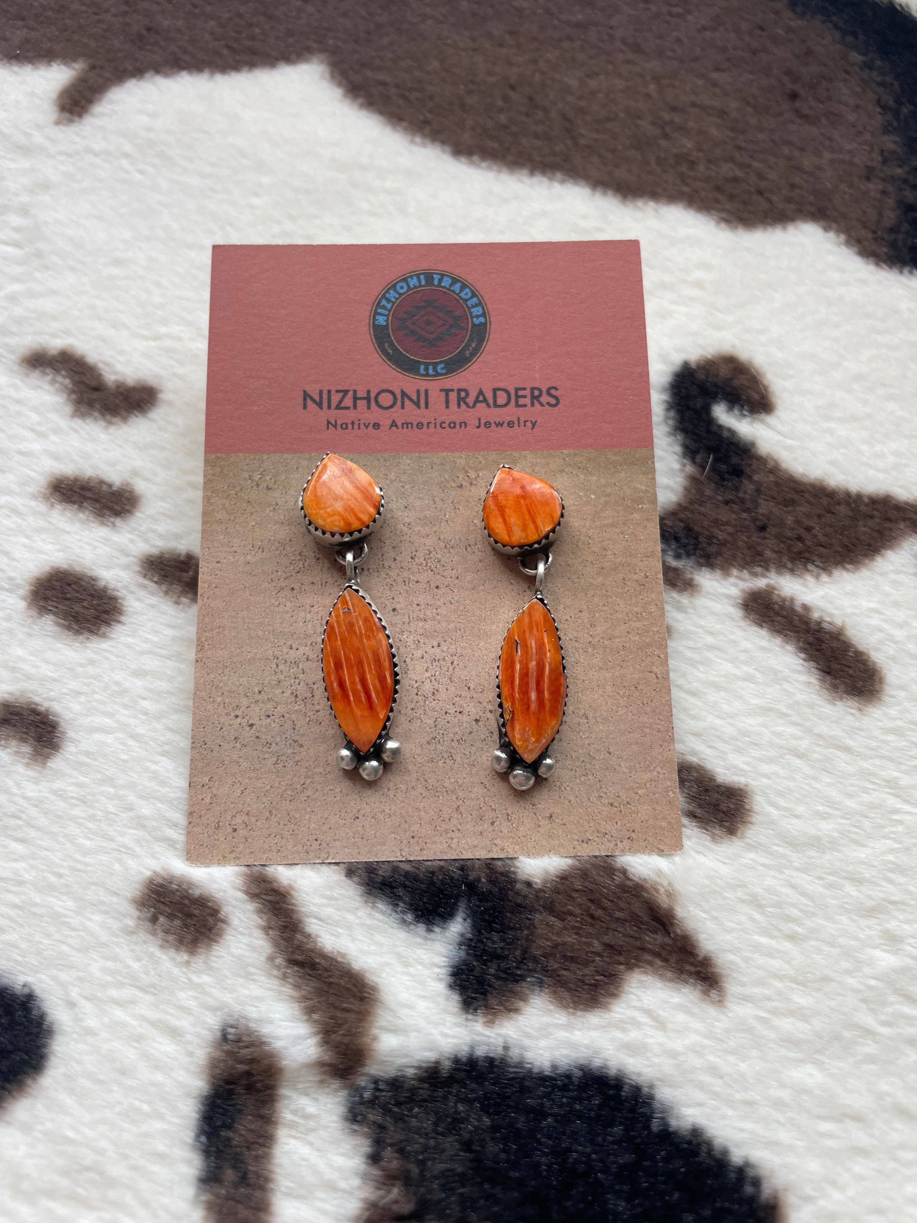 Navajo Selena Warner Orange Spiny & Sterling Silver Dangle Earrings