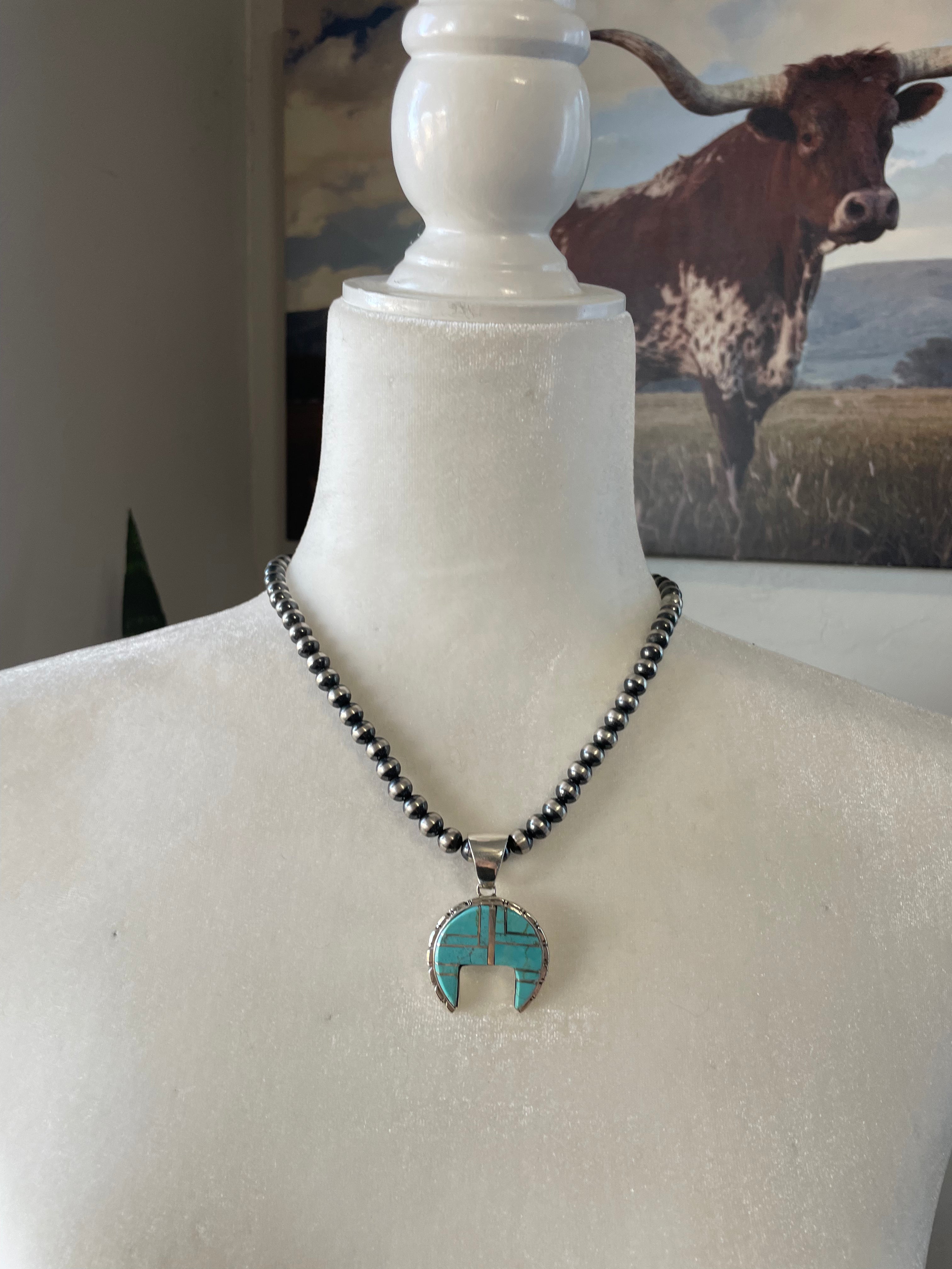 Navajo Number 8 Turquoise Inlay & Sterling Silver Pendant Signed