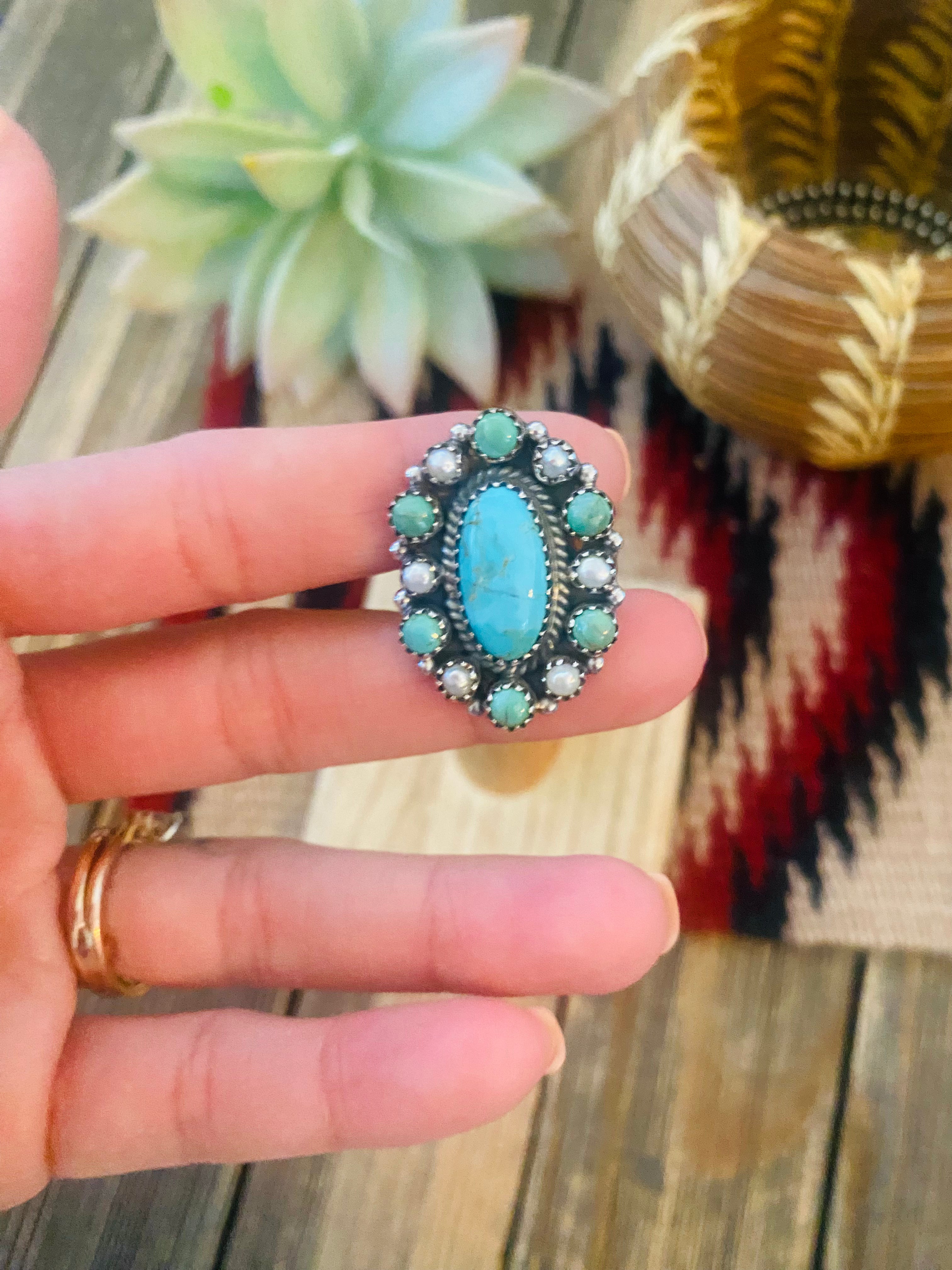 Handmade Sterling Silver, Turquoise & Pearl Cluster Adjustable Ring