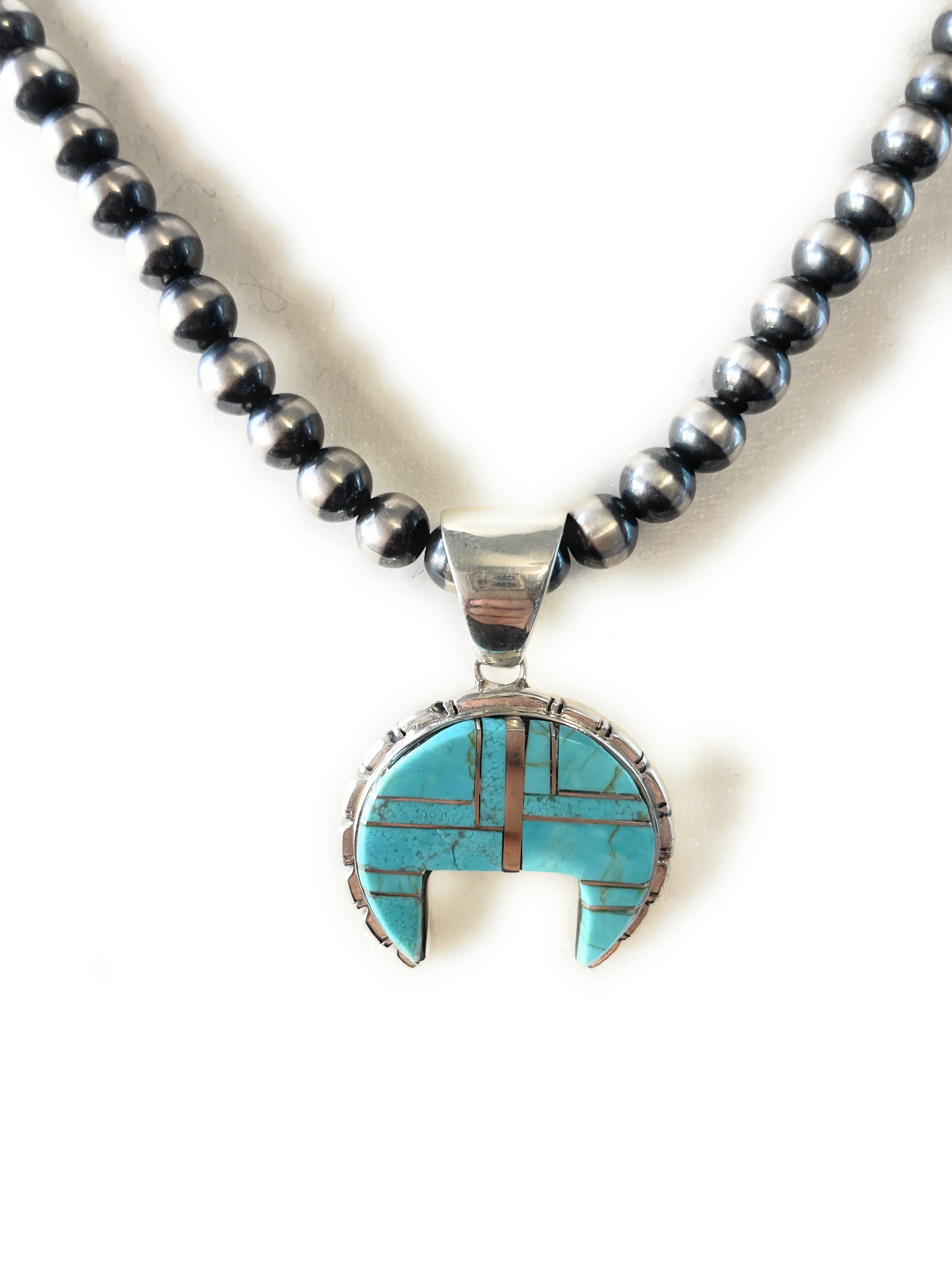 Navajo Number 8 Turquoise Inlay & Sterling Silver Pendant Signed