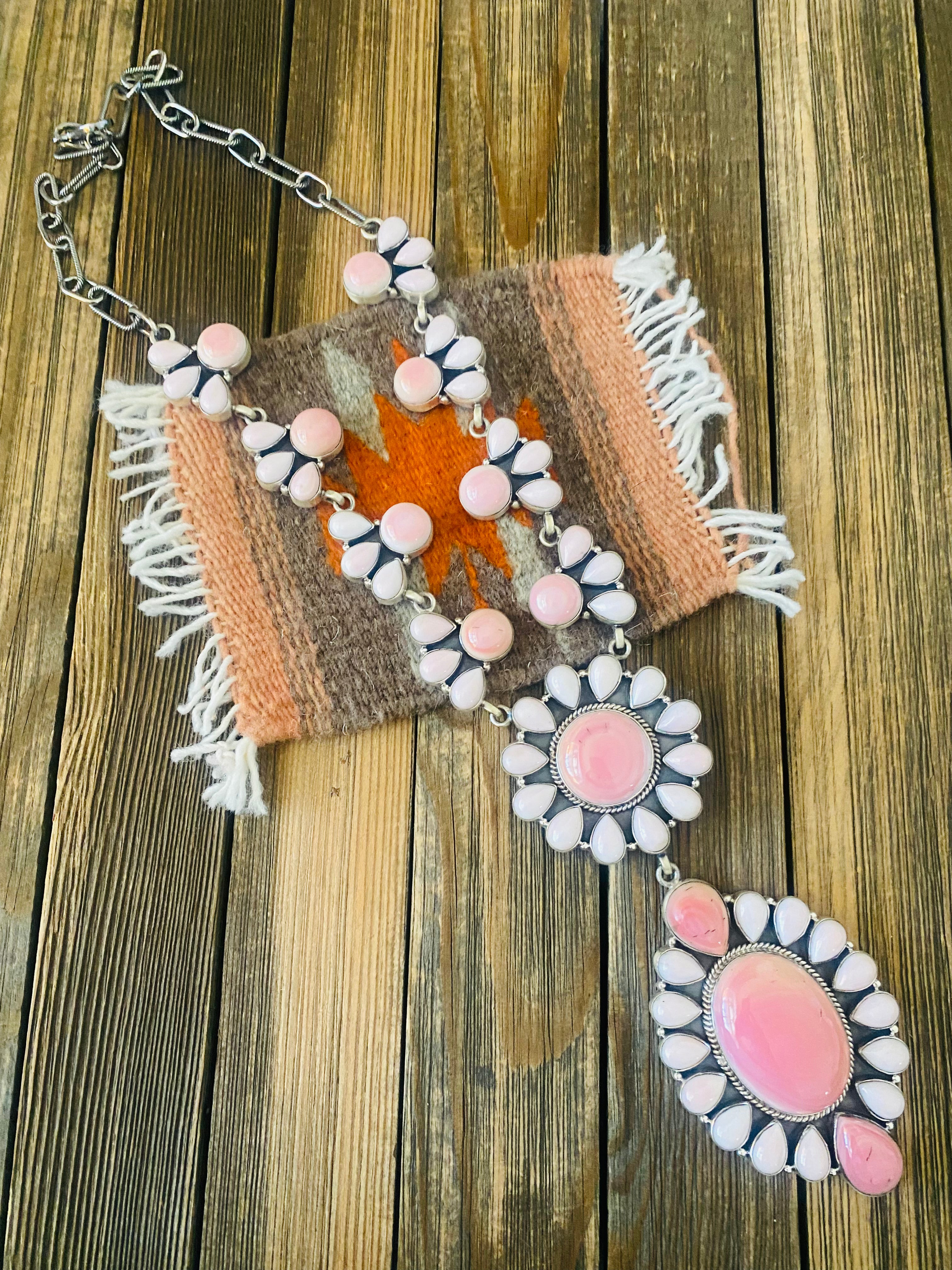 Navajo Queen Pink Conch Shell And Sterling Silver Cluster Necklace