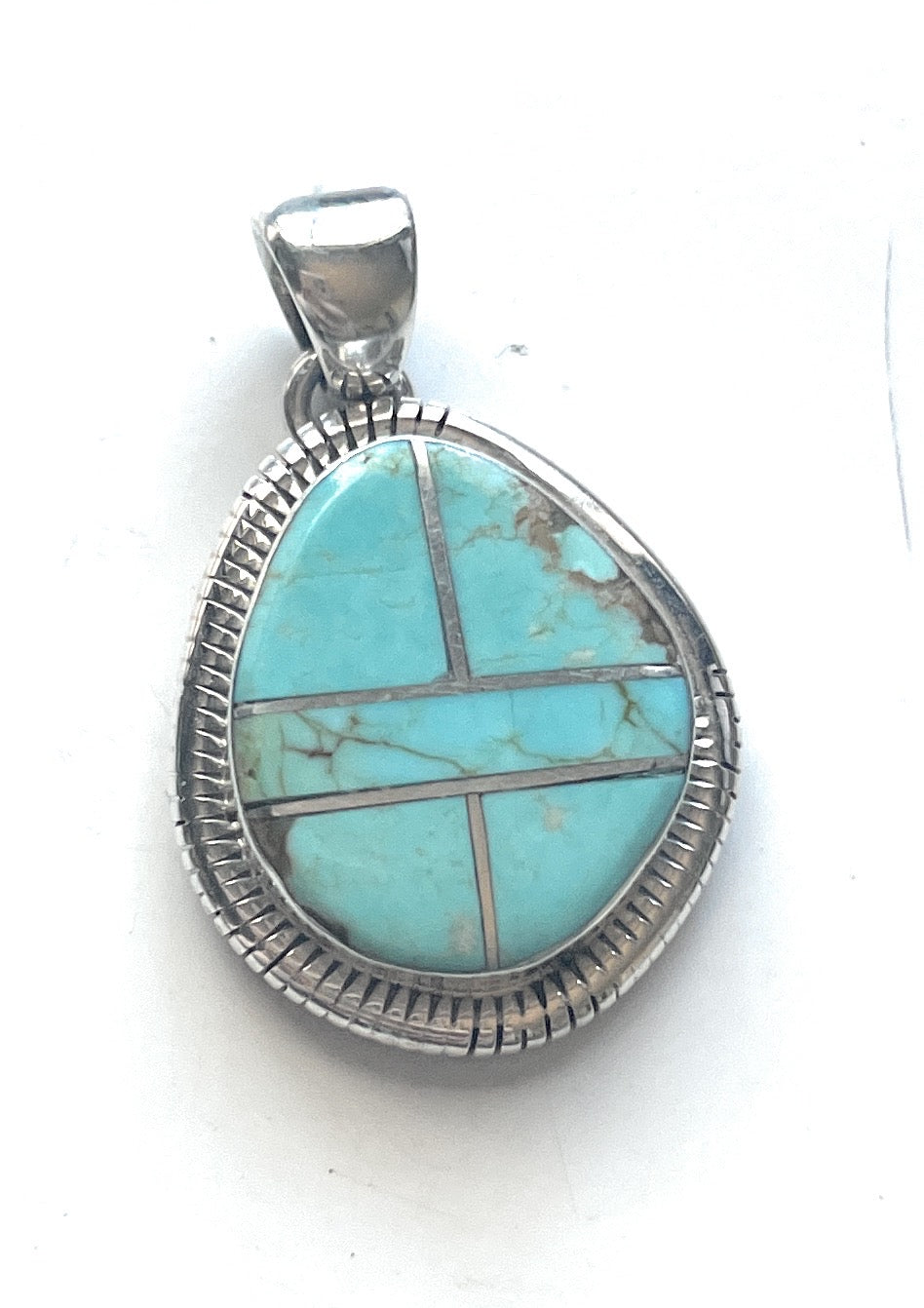 Navajo Number 8 Turquoise Inlay & Sterling Silver Pendant Signed