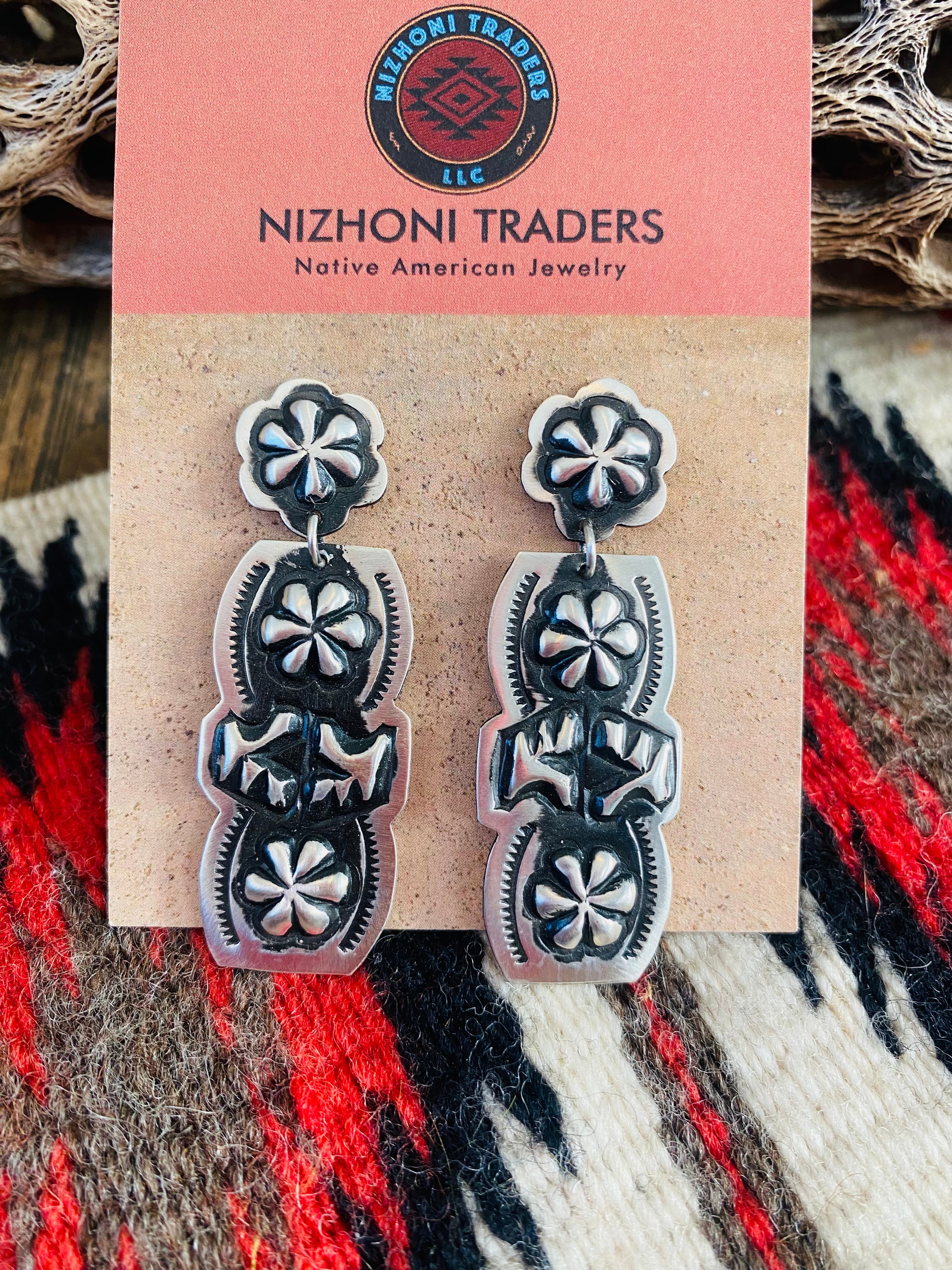 Navajo Sterling Silver Concho Dangle Earrings By Leander Tahe