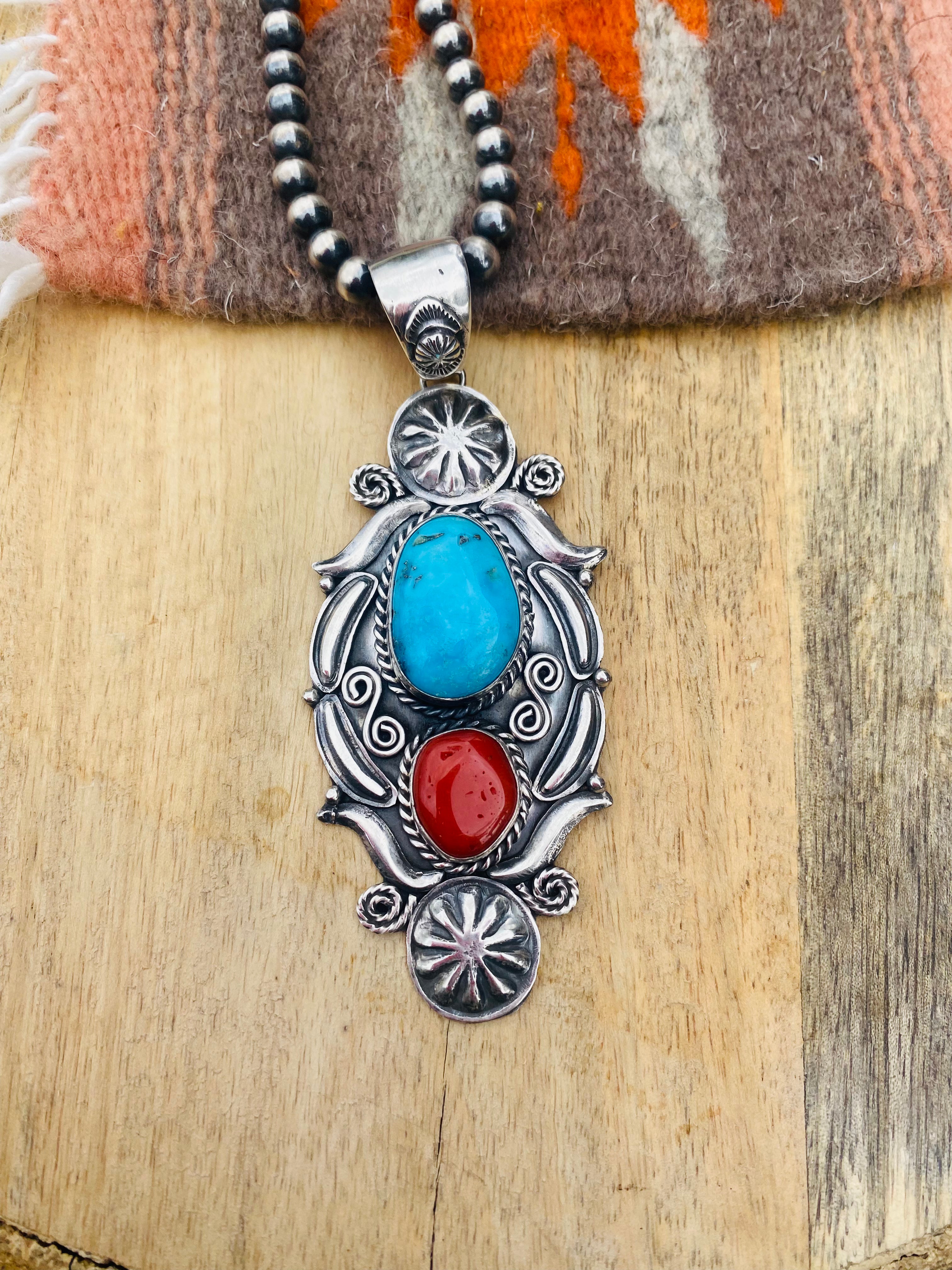 Navajo Sterling Silver, Kingman Turquoise & Coral Pendant Signed