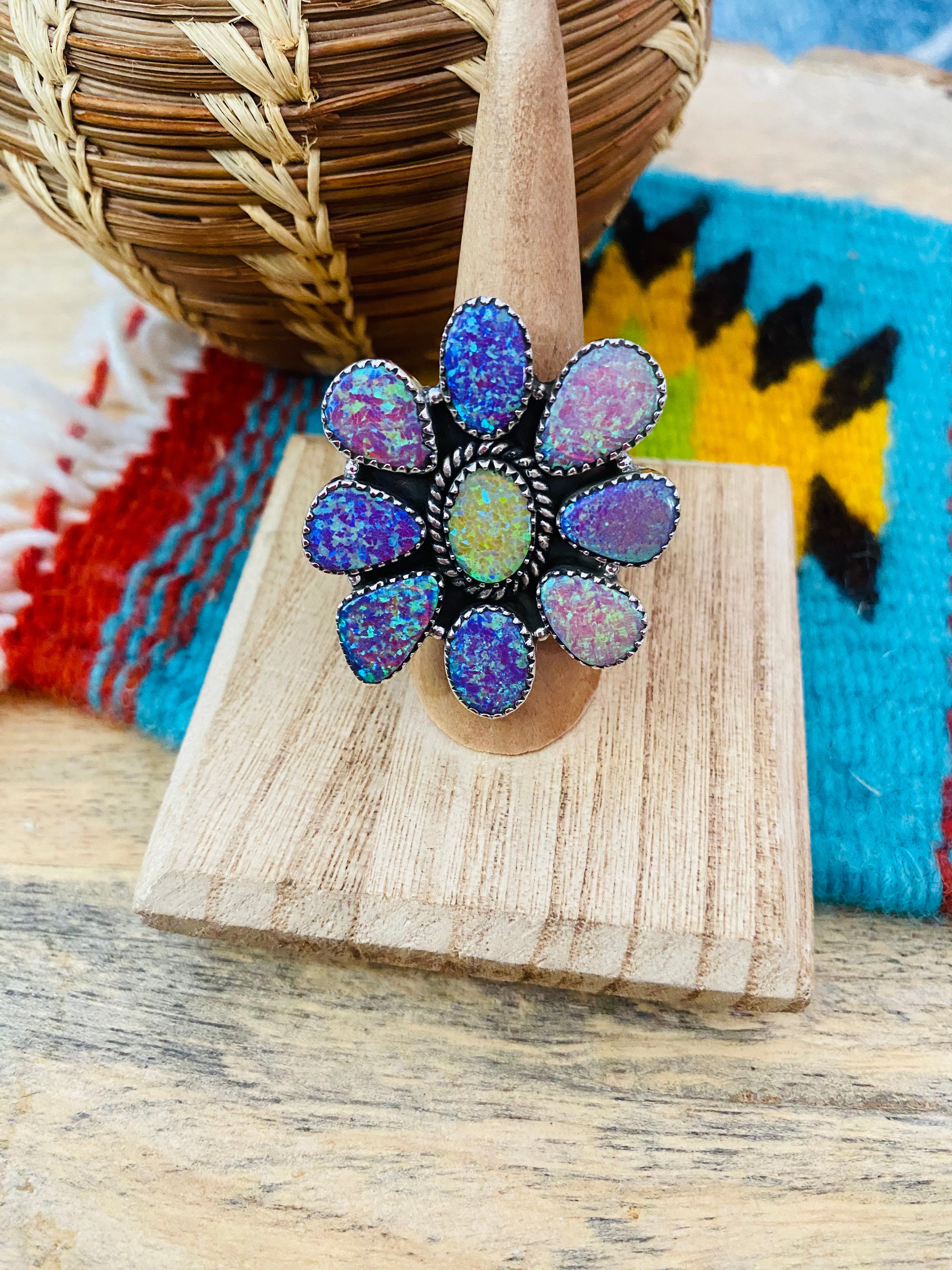 Handmade Sterling Silver & Opal Cluster Adjustable Ring