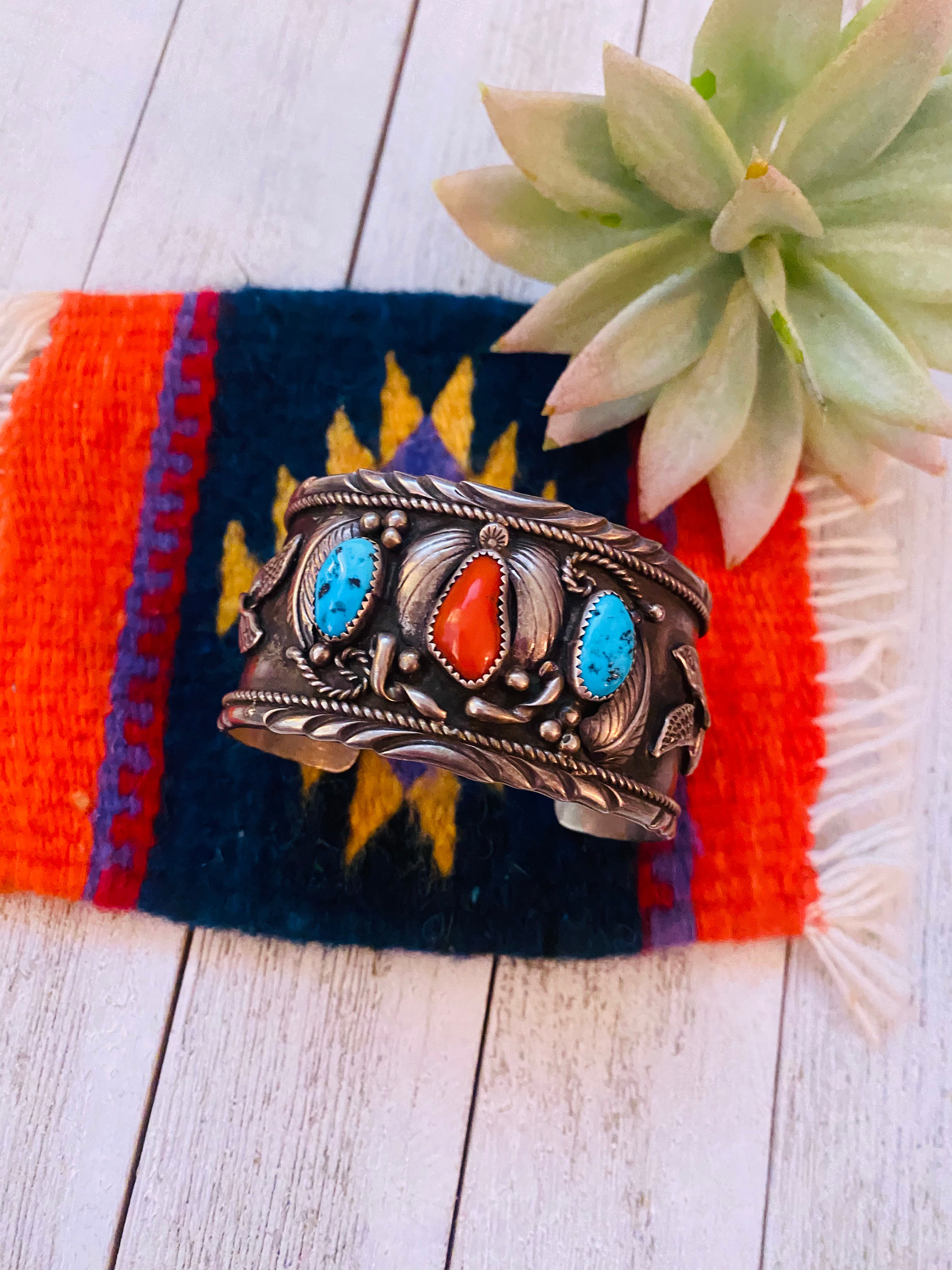 Navajo Old Pawn Vintage Turquoise, Coral & Sterling Silver Cuff Bracelet