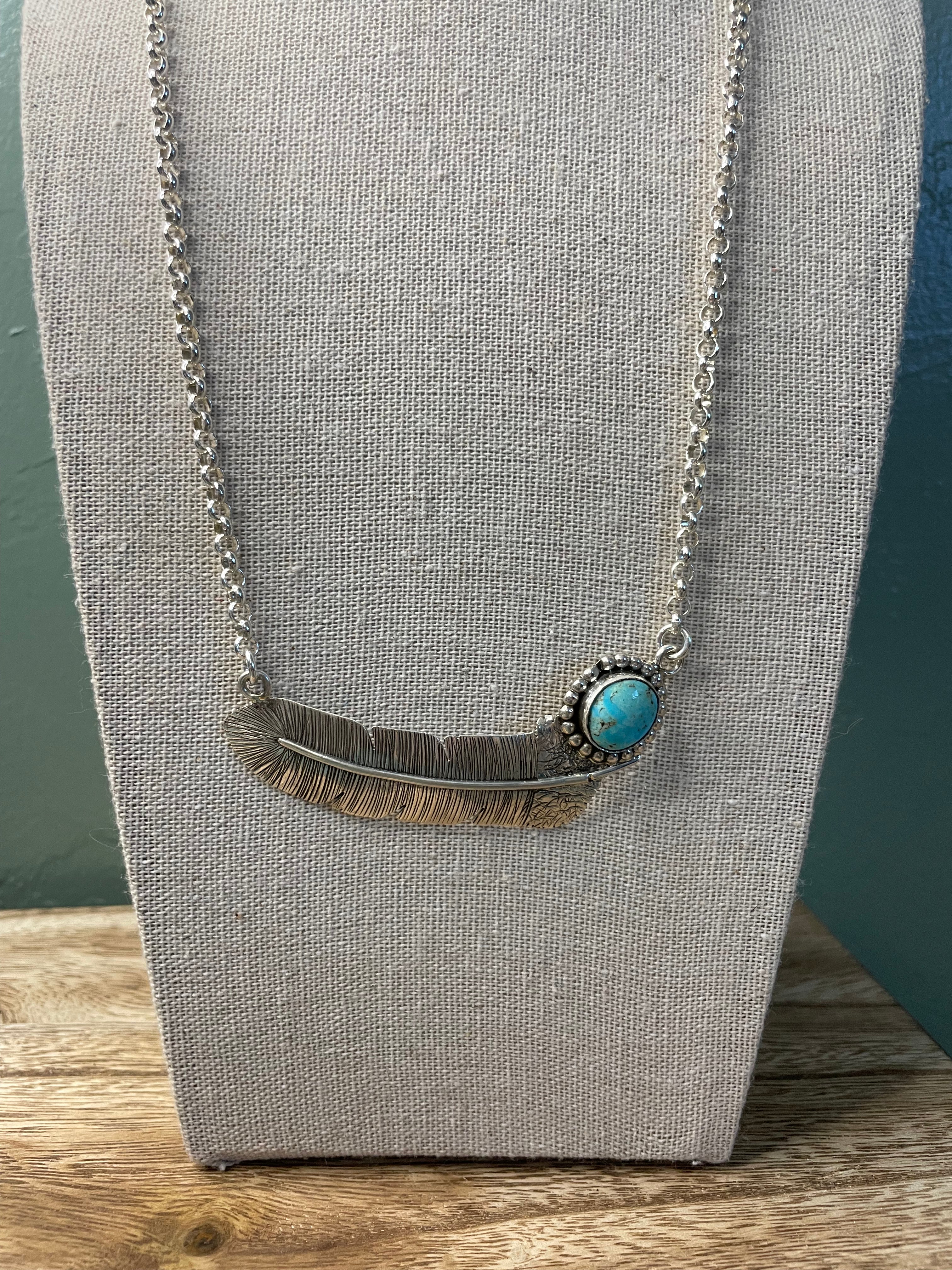 Navajo Sterling Silver And Turquoise Feather Necklace Signed And Stamped