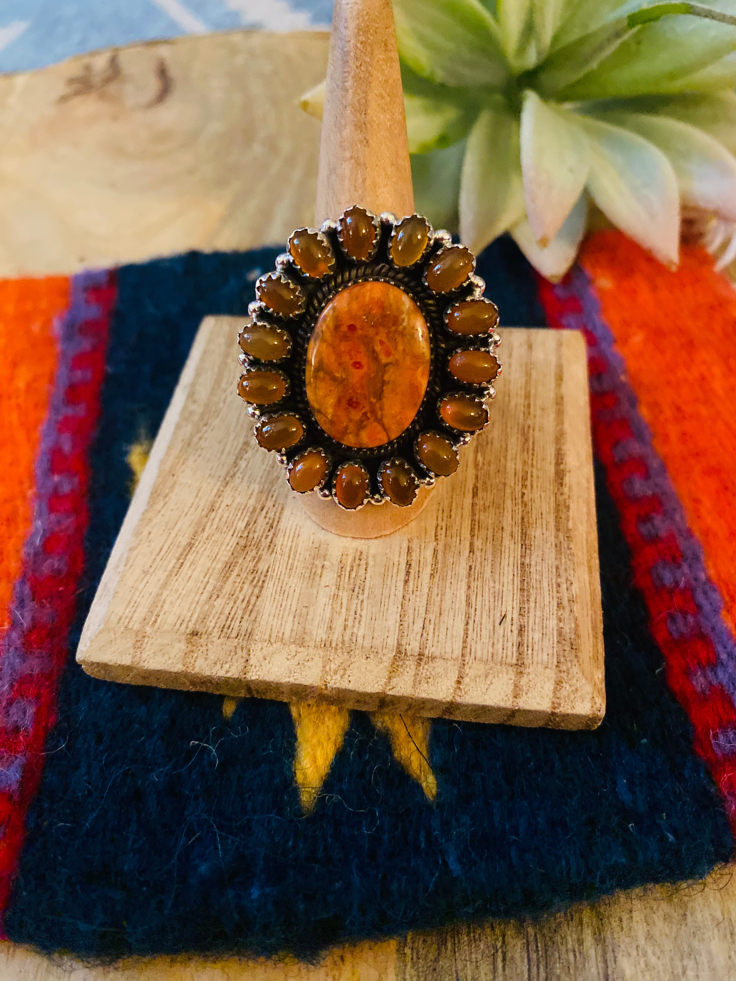 Handmade Sterling Silver, Carnelian & Spiny Mohave Cluster Adjustable Ring