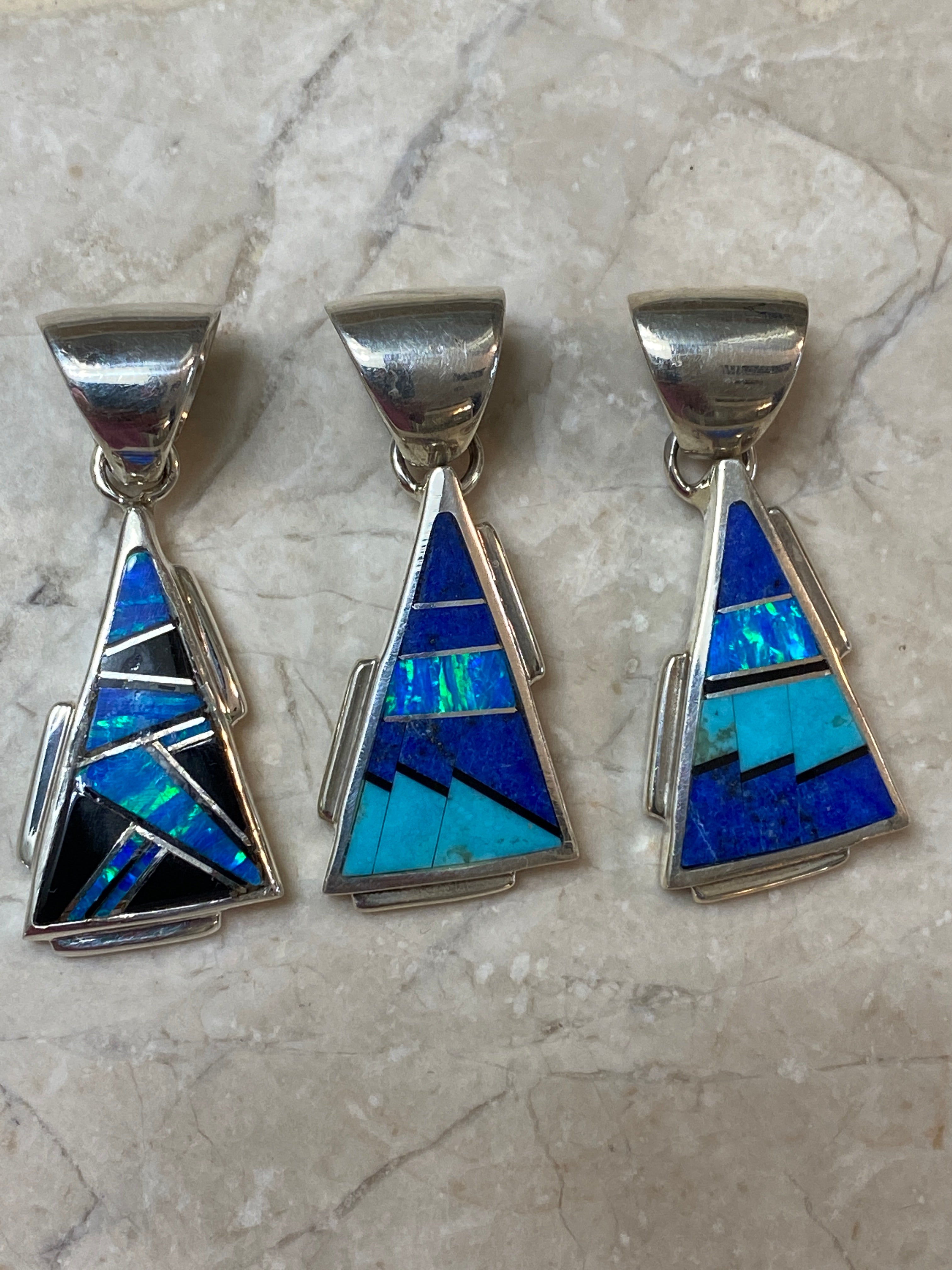 Navajo Lapis, Turquoise, Blue Opal 1.5” Triangle Pendant