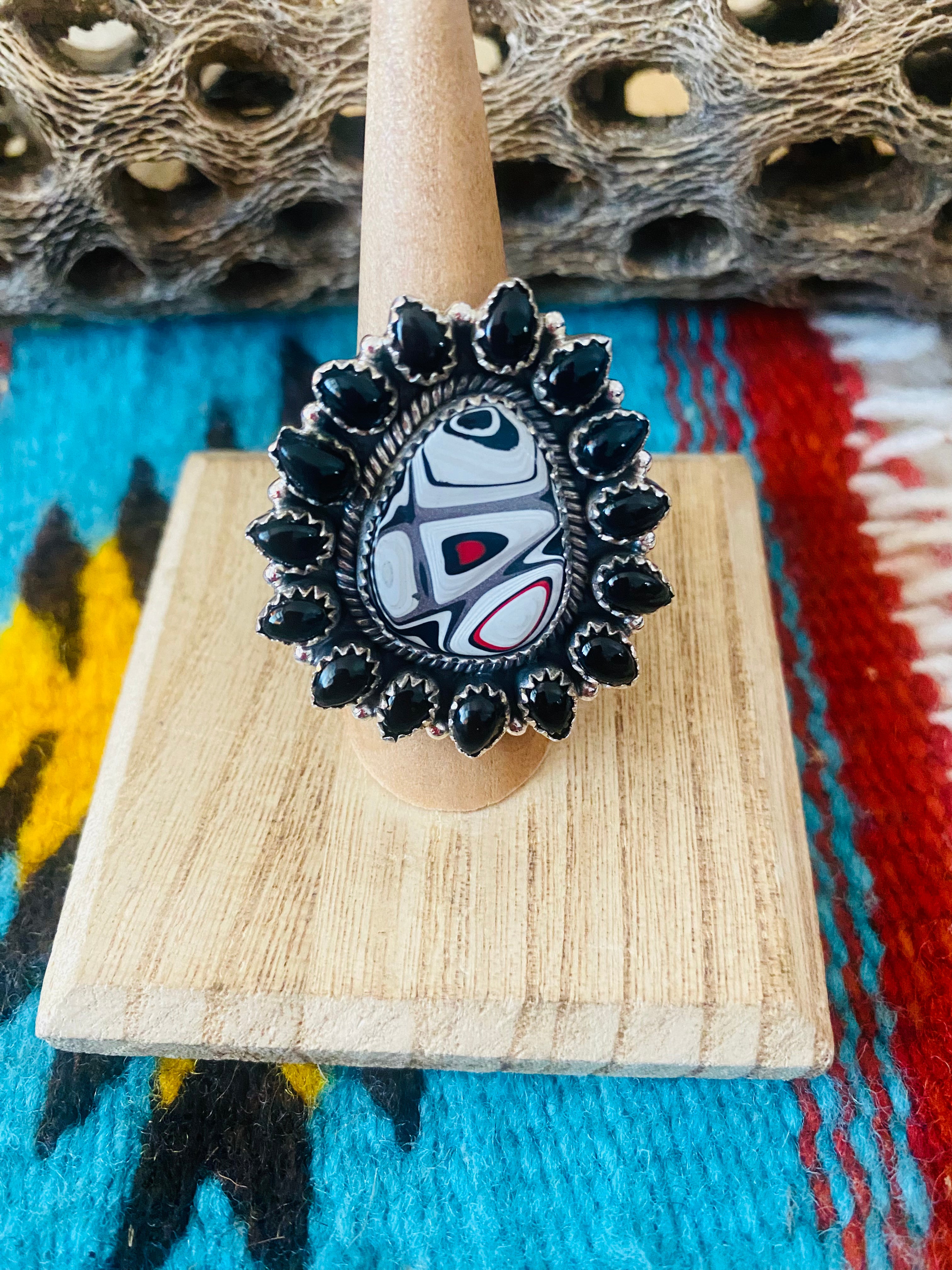 Handmade Sterling Silver, Fordite & Onyx Cluster Adjustable Ring