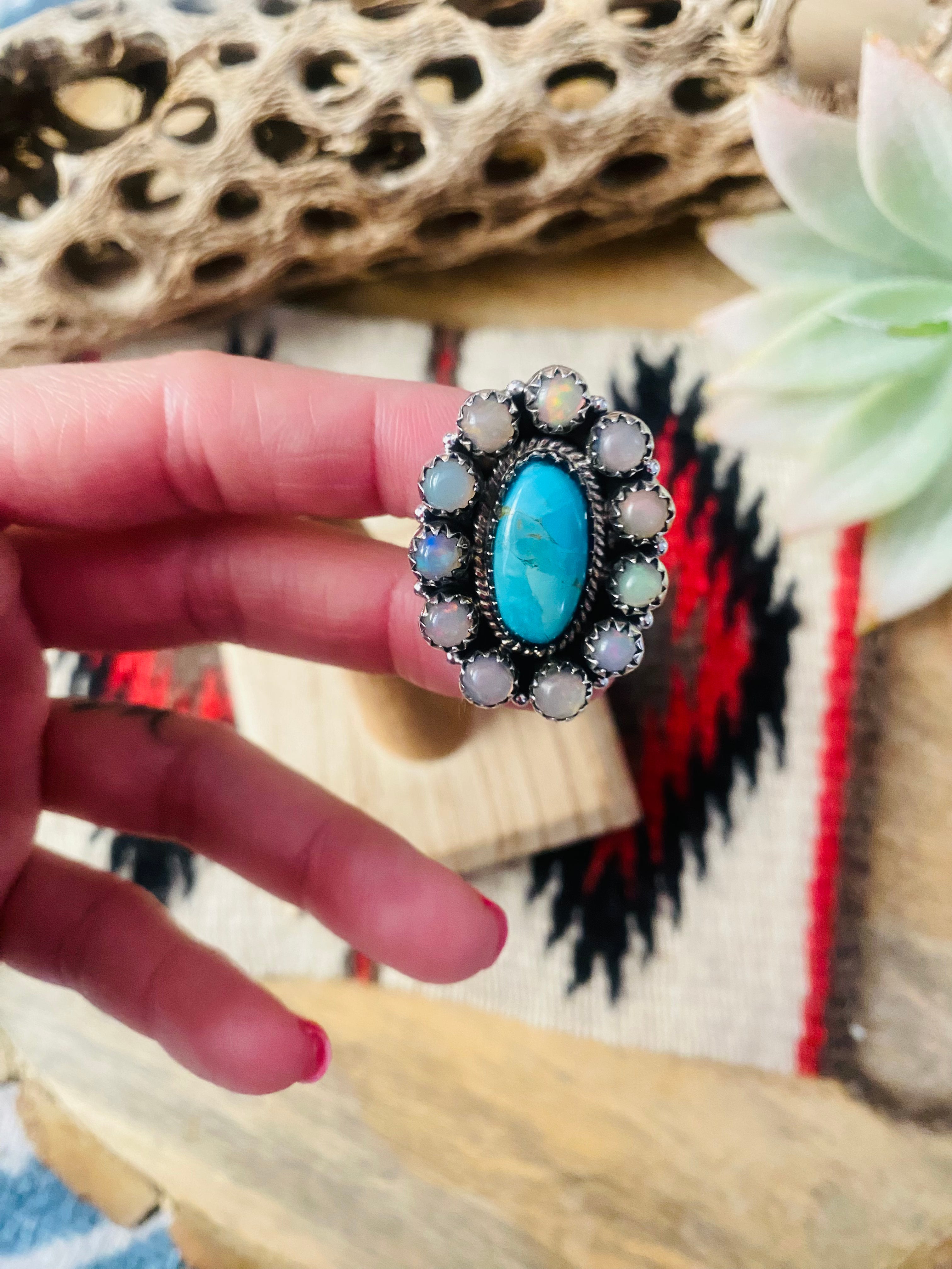 Handmade Sterling Silver, Turquoise & Opal Cluster Adjustable Ring