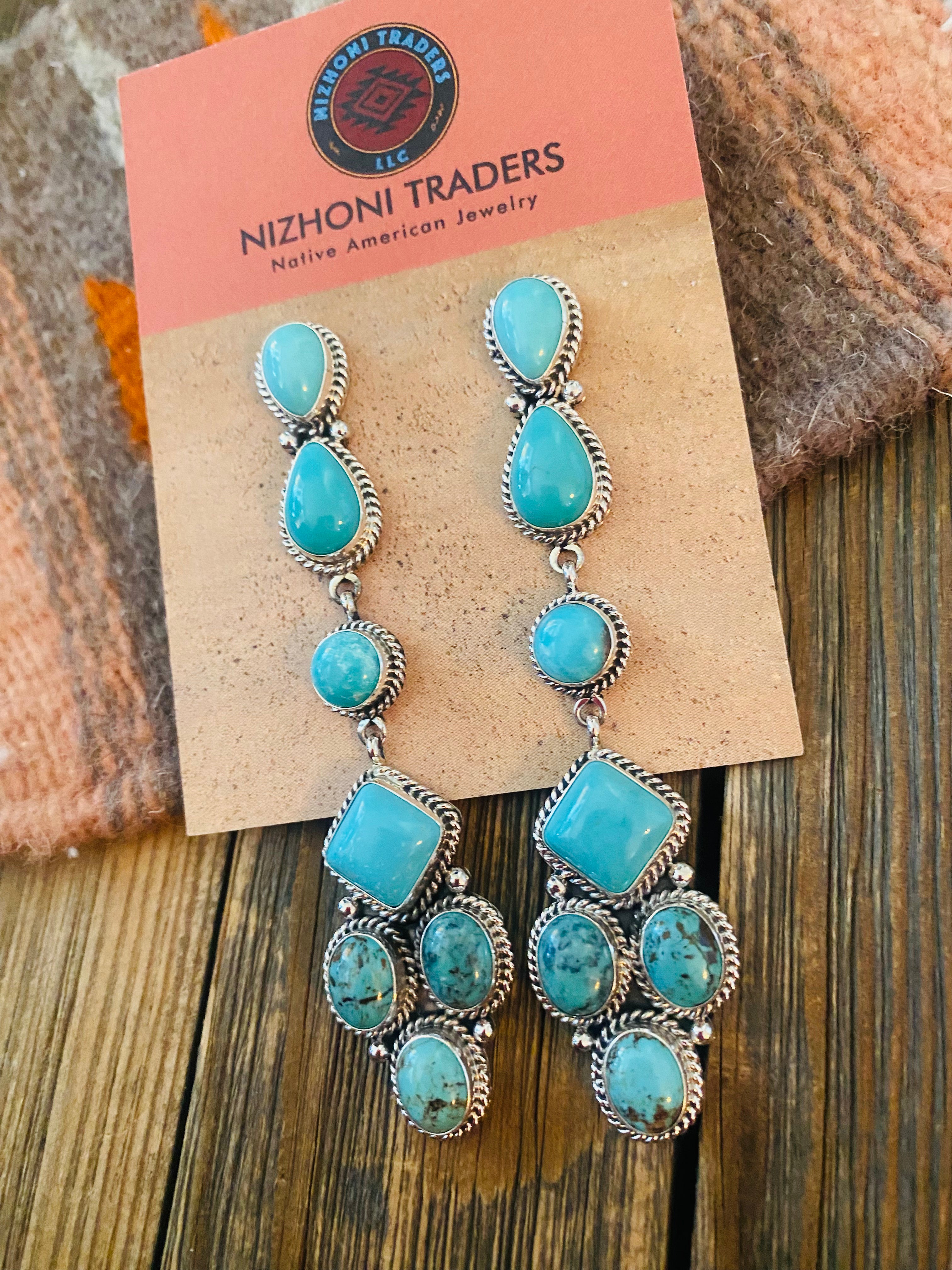 Navajo Sterling Silver & Natural Turquoise Dangle Earrings Signed