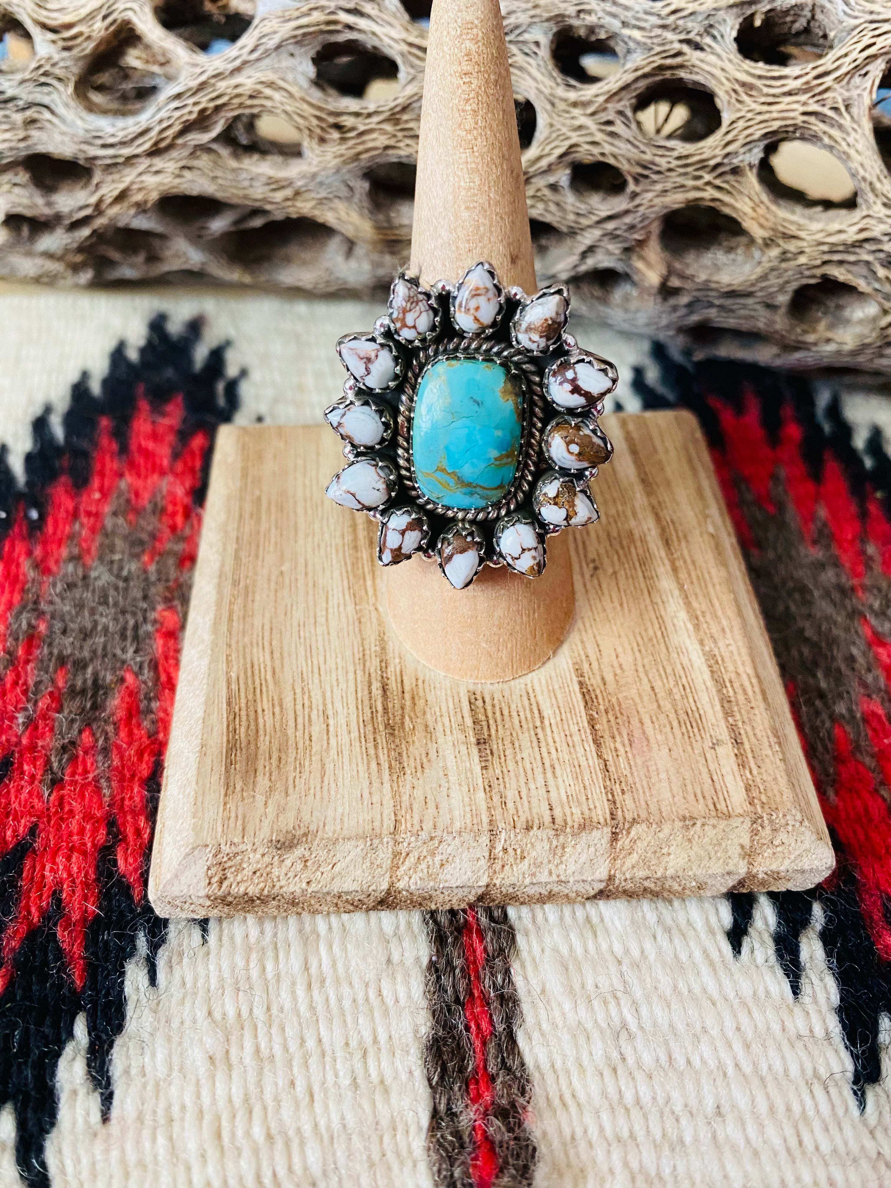 Handmade Sterling Silver, Wild Horse & Turquoise Cluster Adjustable Ring