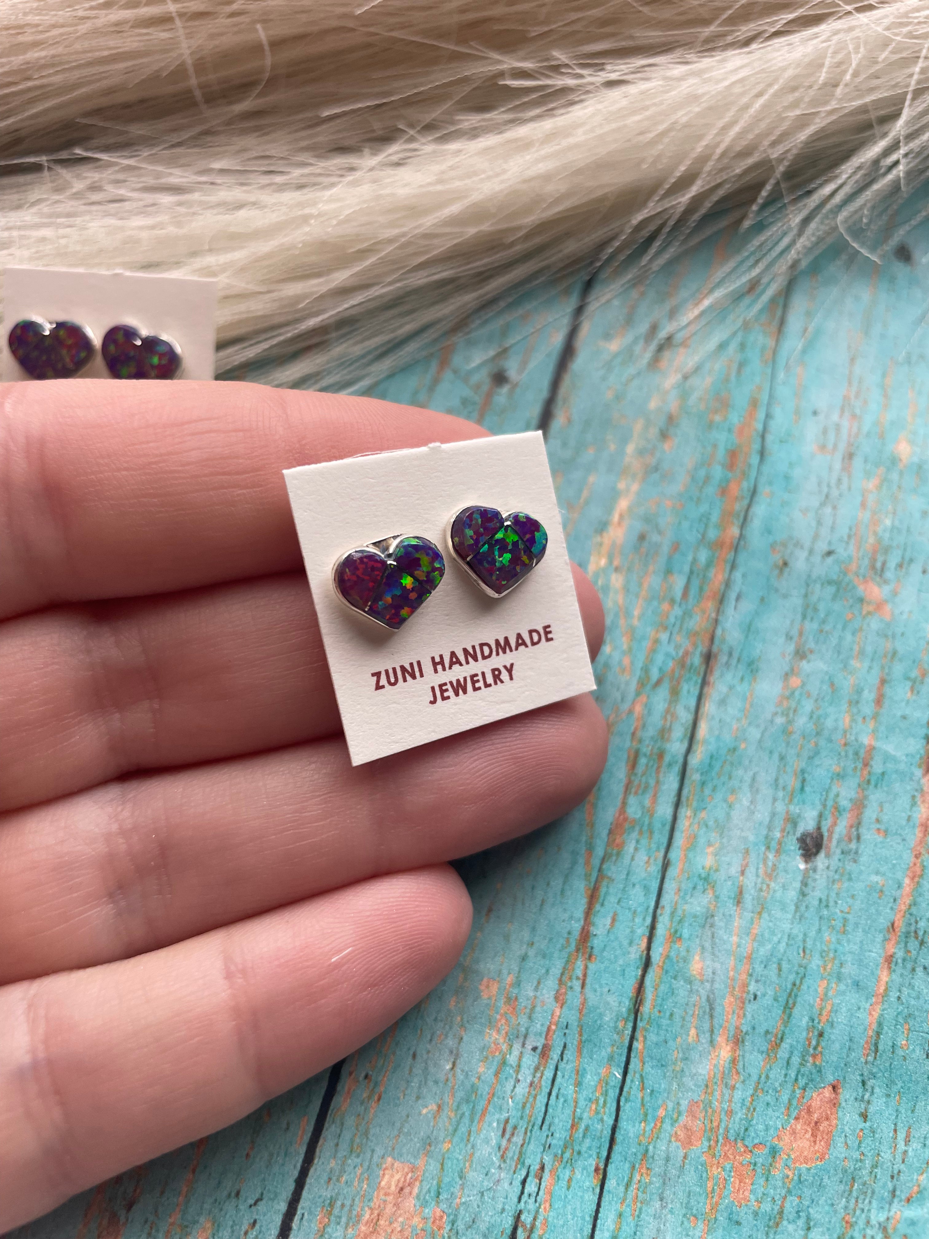 Zuni Sterling Silver & Purple Opal Inlay Heart Stud Earrings