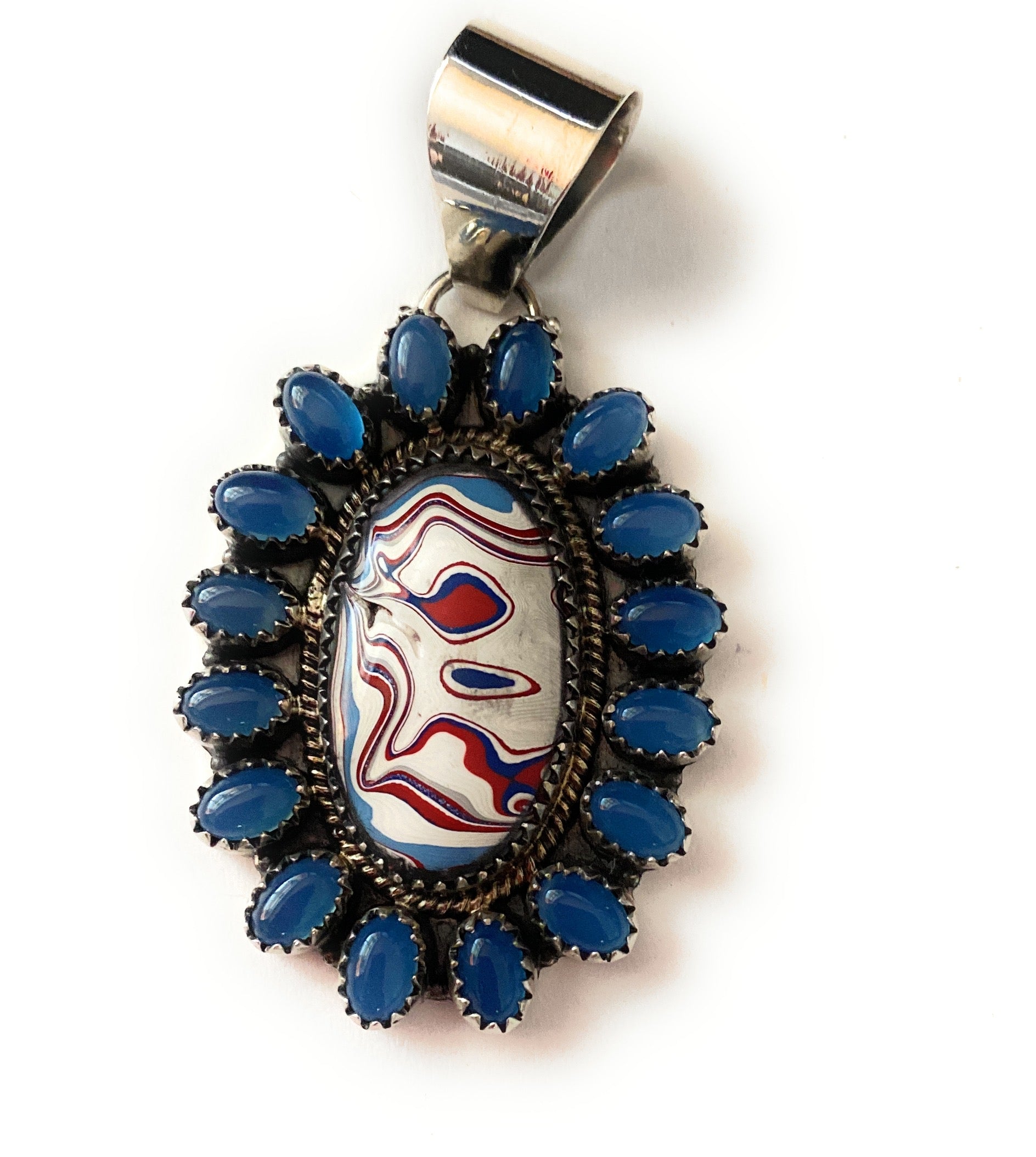 Handmade Sterling Silver, Fordite & Blue Calcedony Cluster Pendant