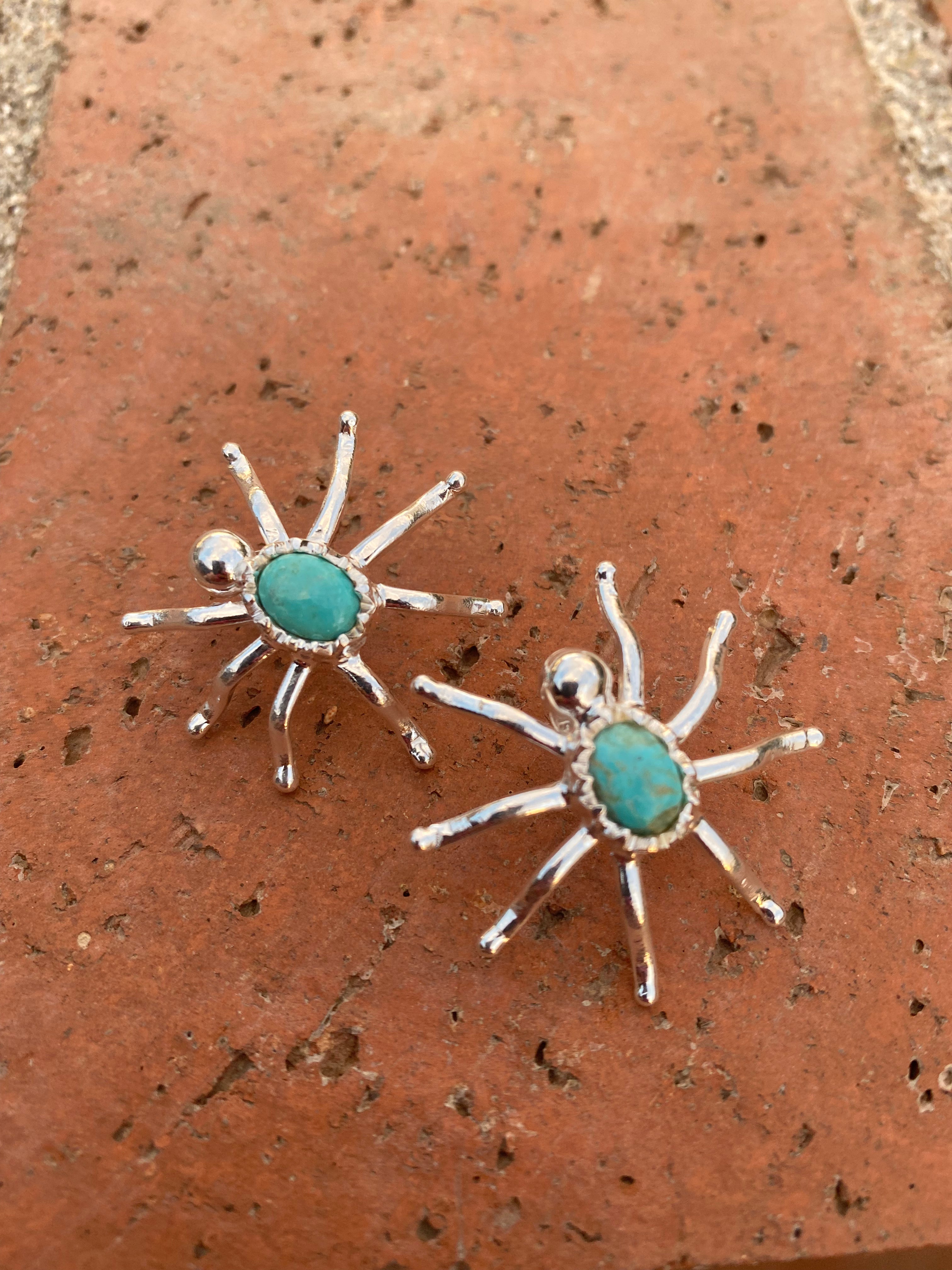 Natural Kingman Turquoise & Sterling Silver Spider Stud Earrings