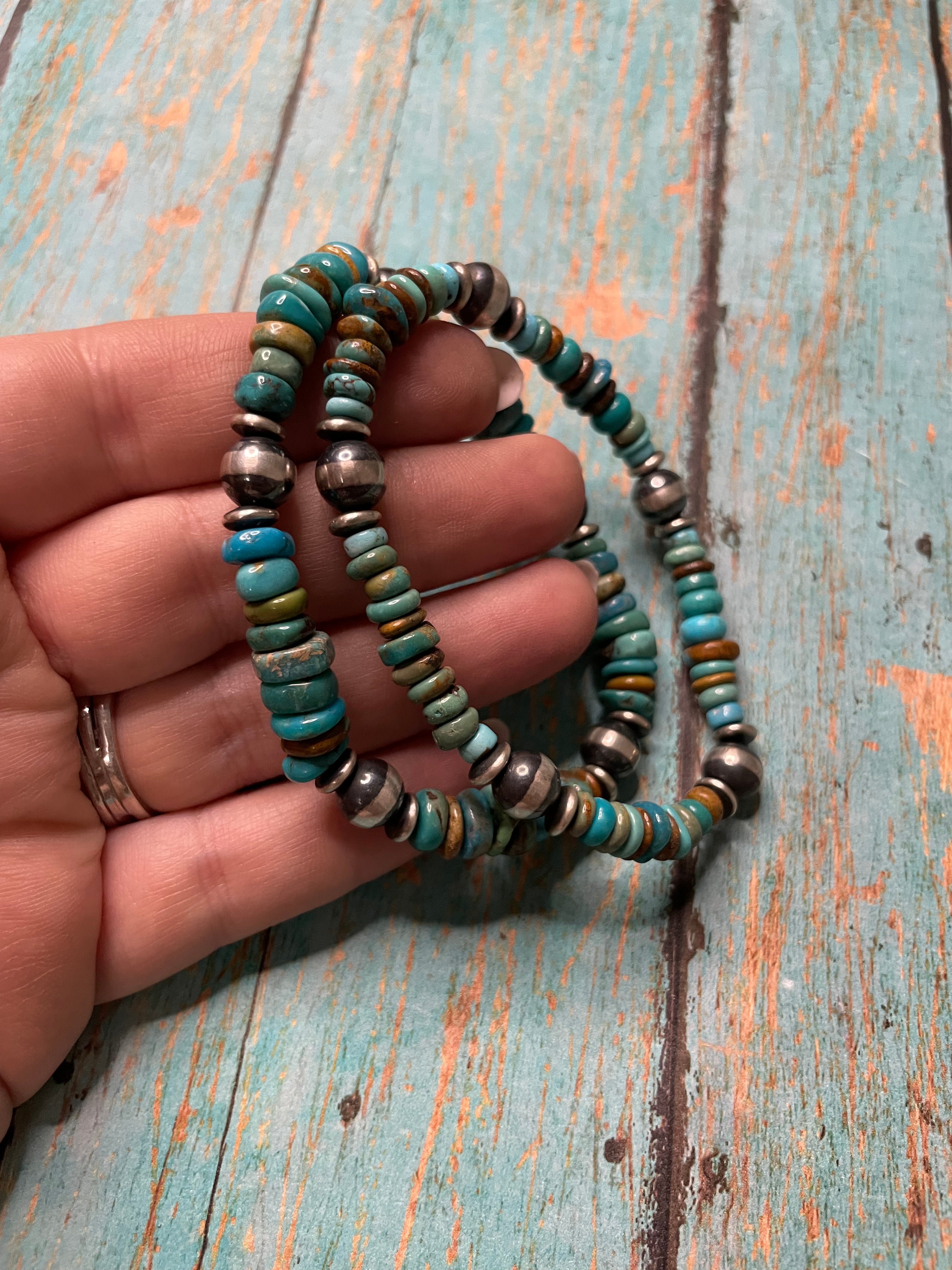 Navajo Sterling Silver Stretchy Natural #8 Turquoise Beaded Bracelet