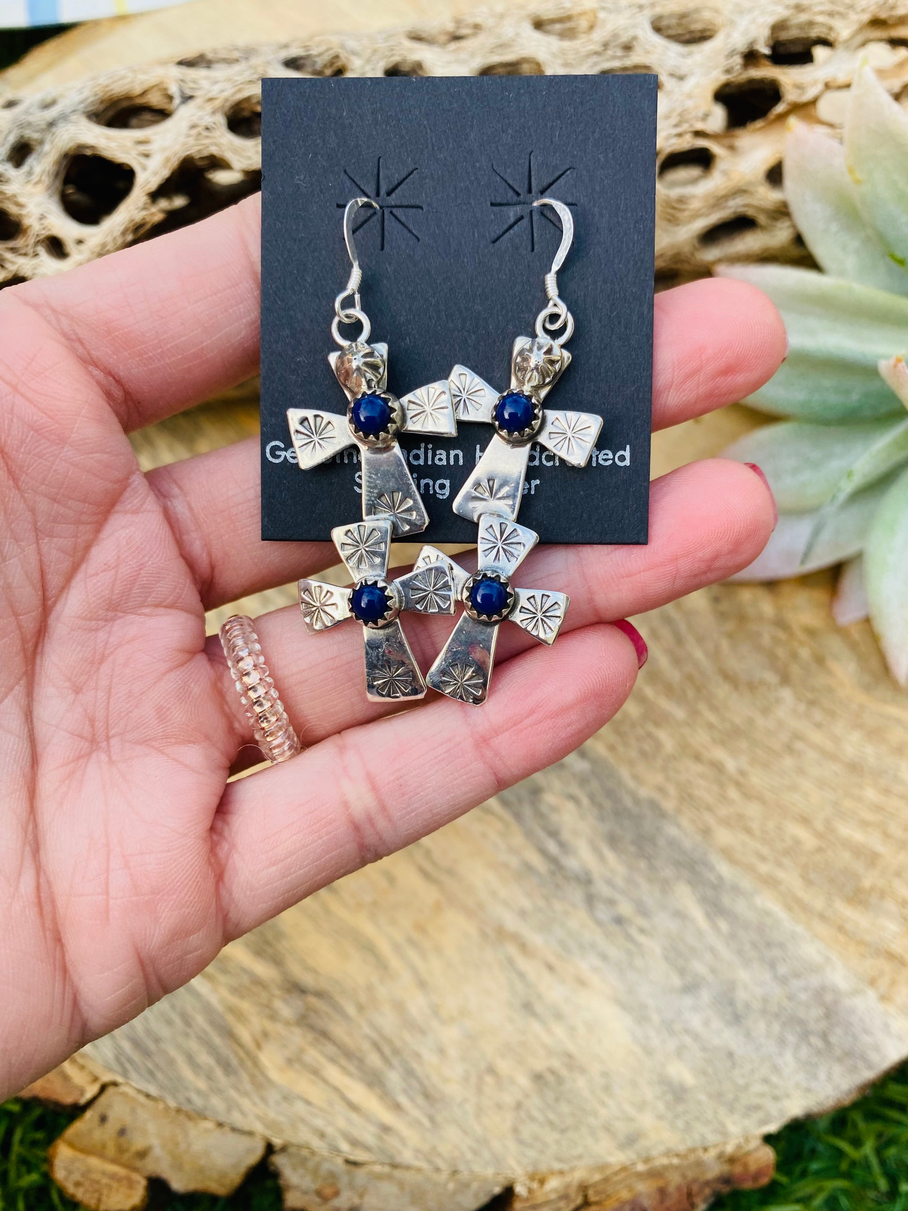 Navajo Hand Stamped Sterling Silver & Lapis Cross Dangle Earrings