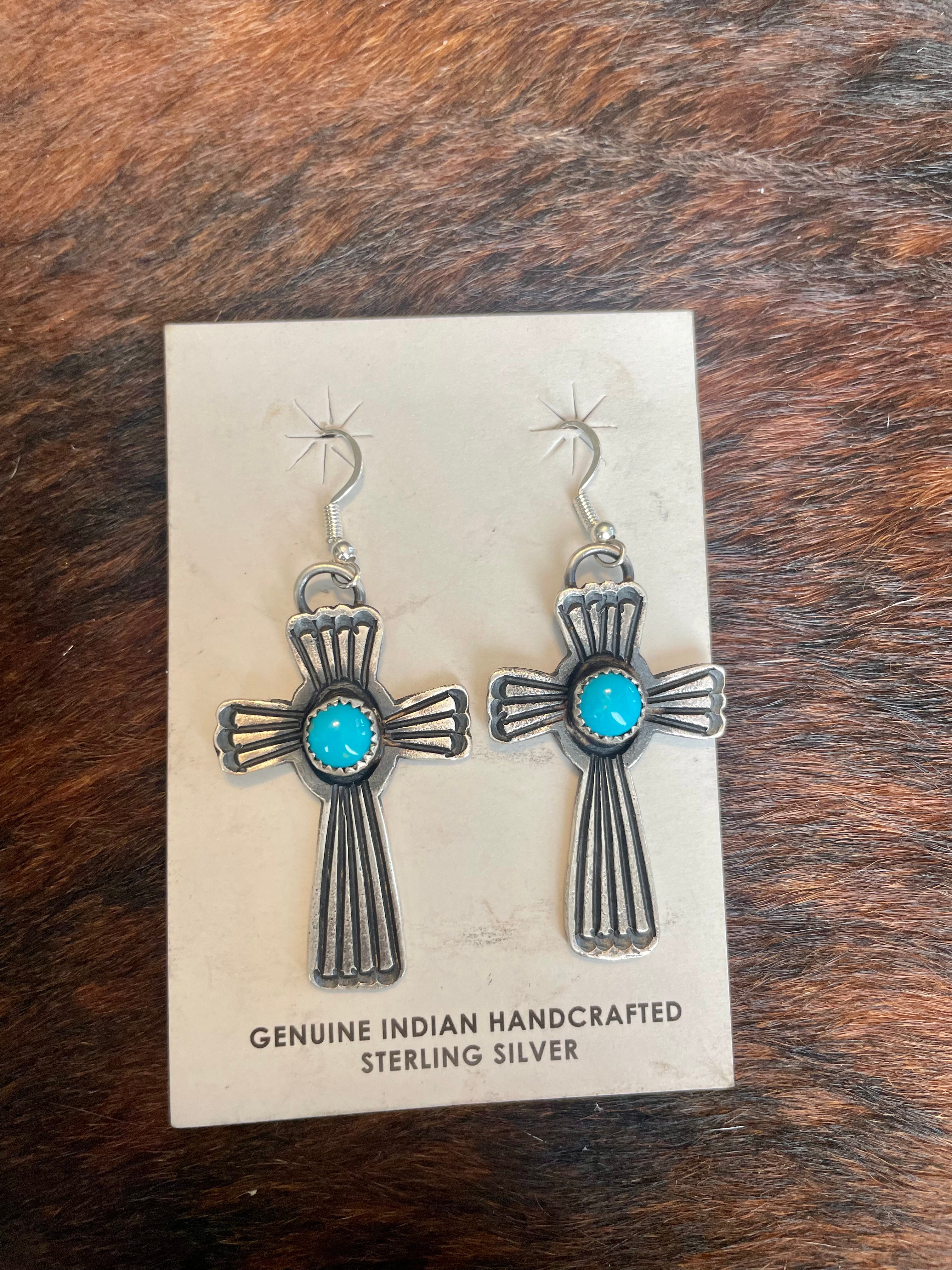 Navajo Turquoise And Sterling Silver Cross Earrings