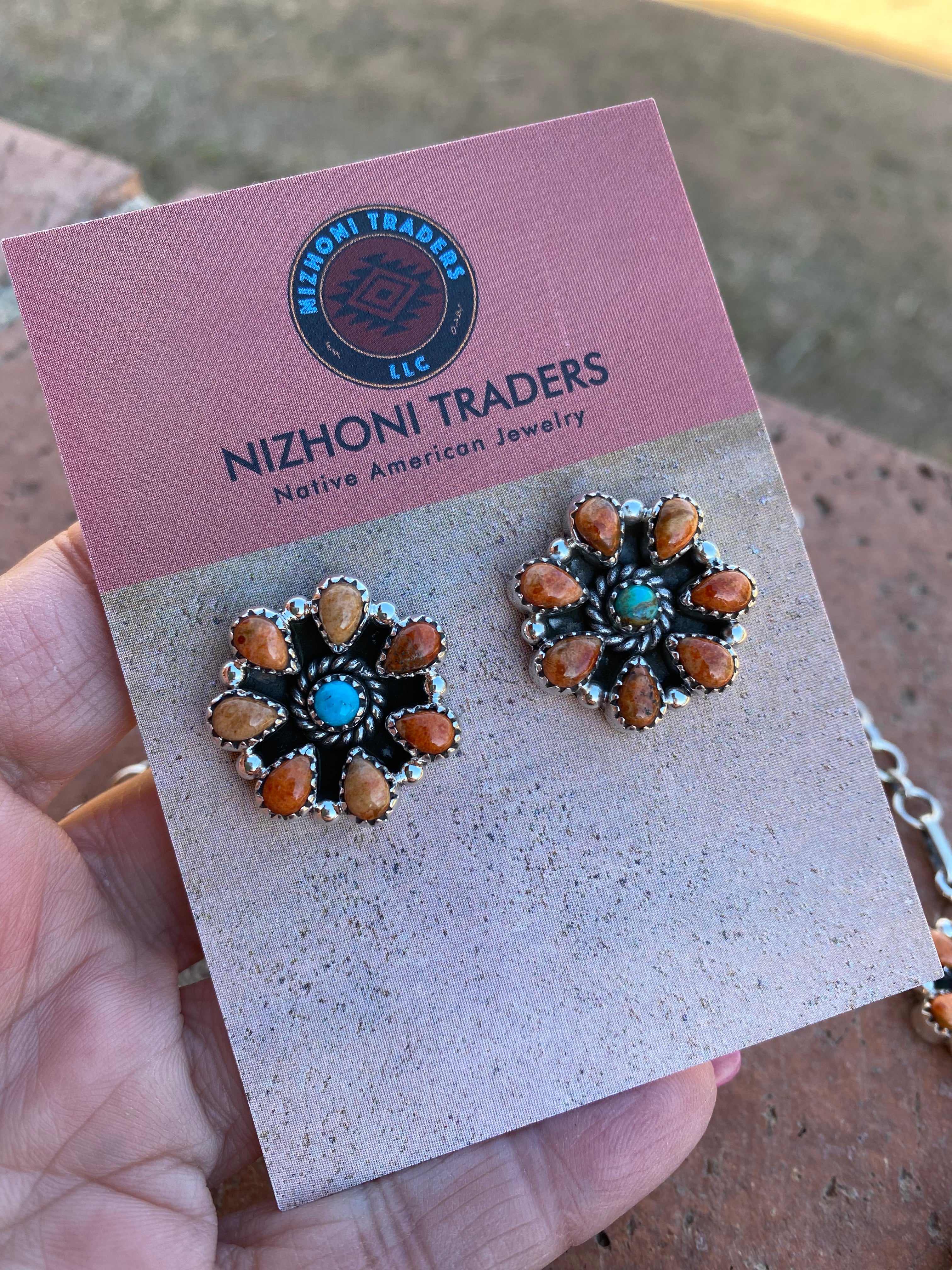 Handmade Spiny & Royston Turquoise Cluster post earrings