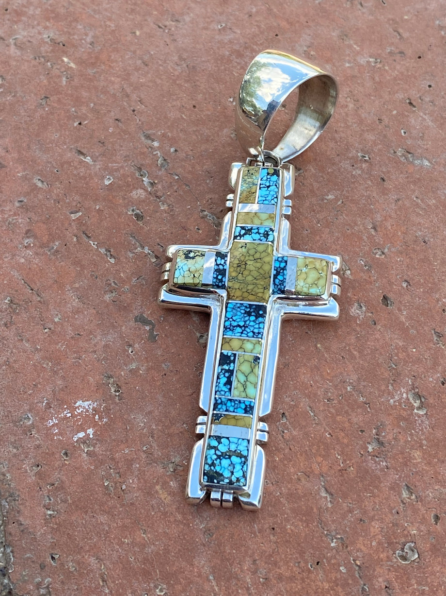 Natural Blue Moon Turquoise & Sterling Silver Navajo Cross Pendant