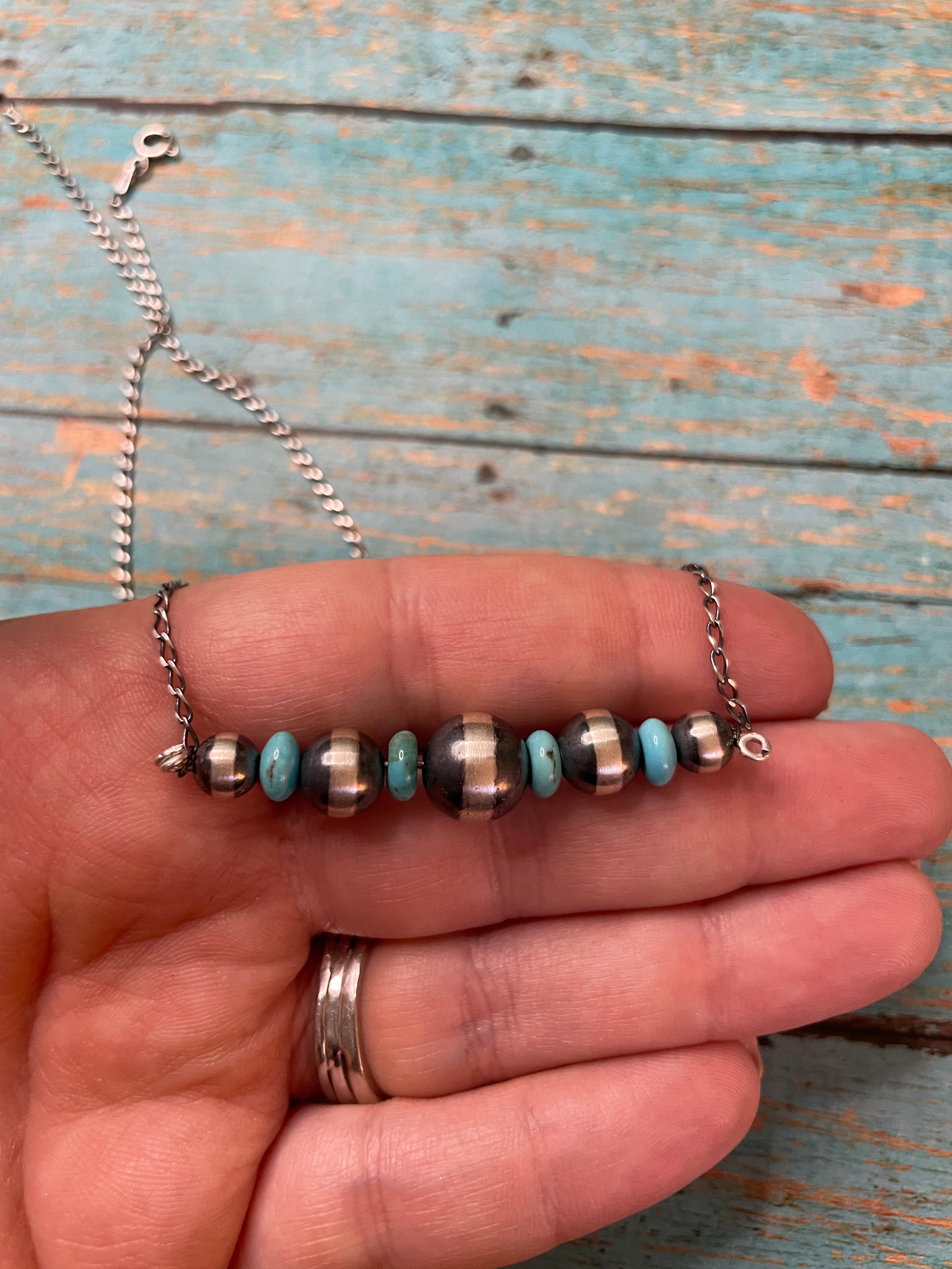 Navajo Sterling Silver And Turquoise Beaded Necklace 16inch