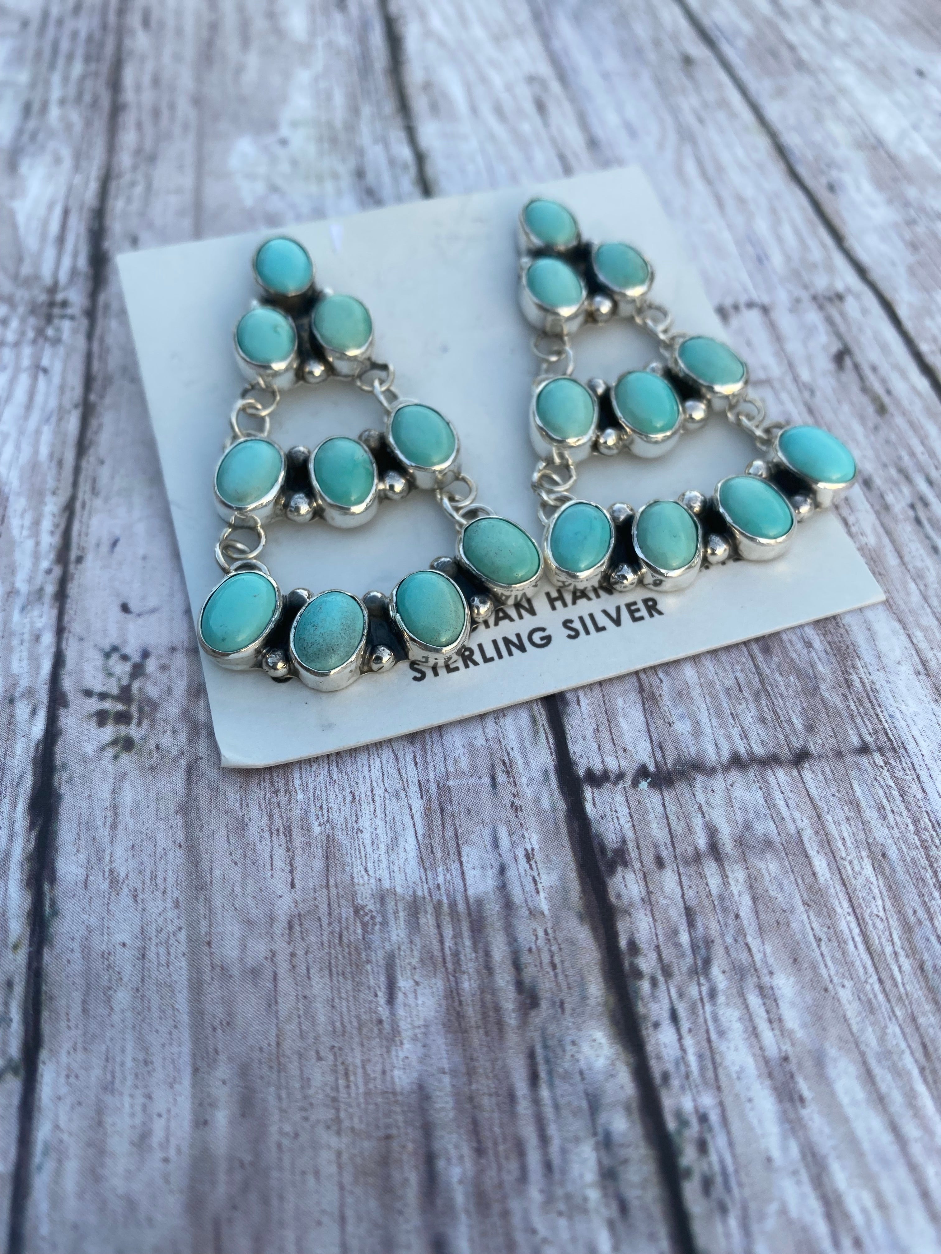 Navajo Carico Lake Turquoise & Sterling Silver Cluster Dangle Earrings Signed