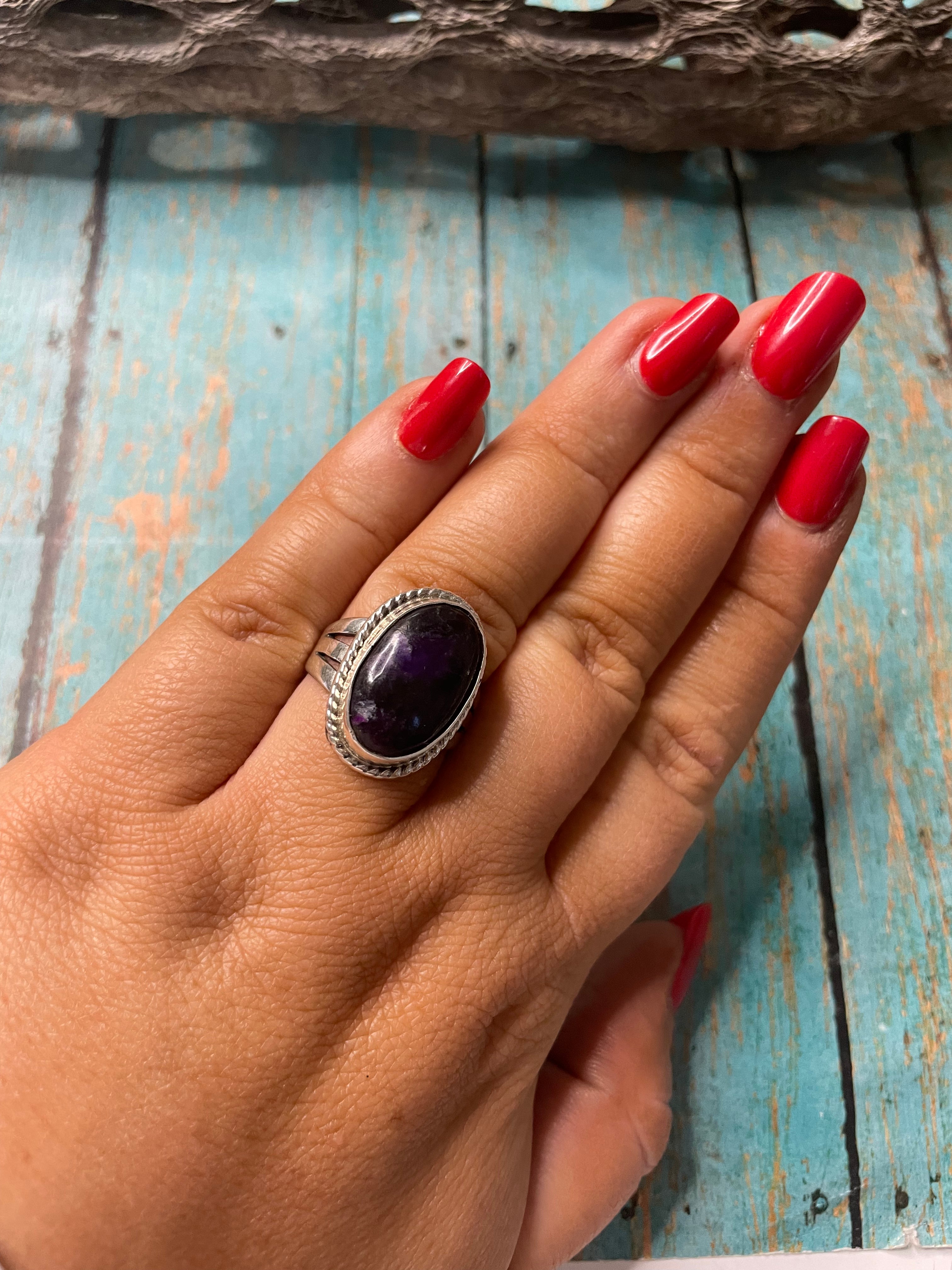 Old Pawn Navajo Sterling Silver & Charorite Ring Size 8.5