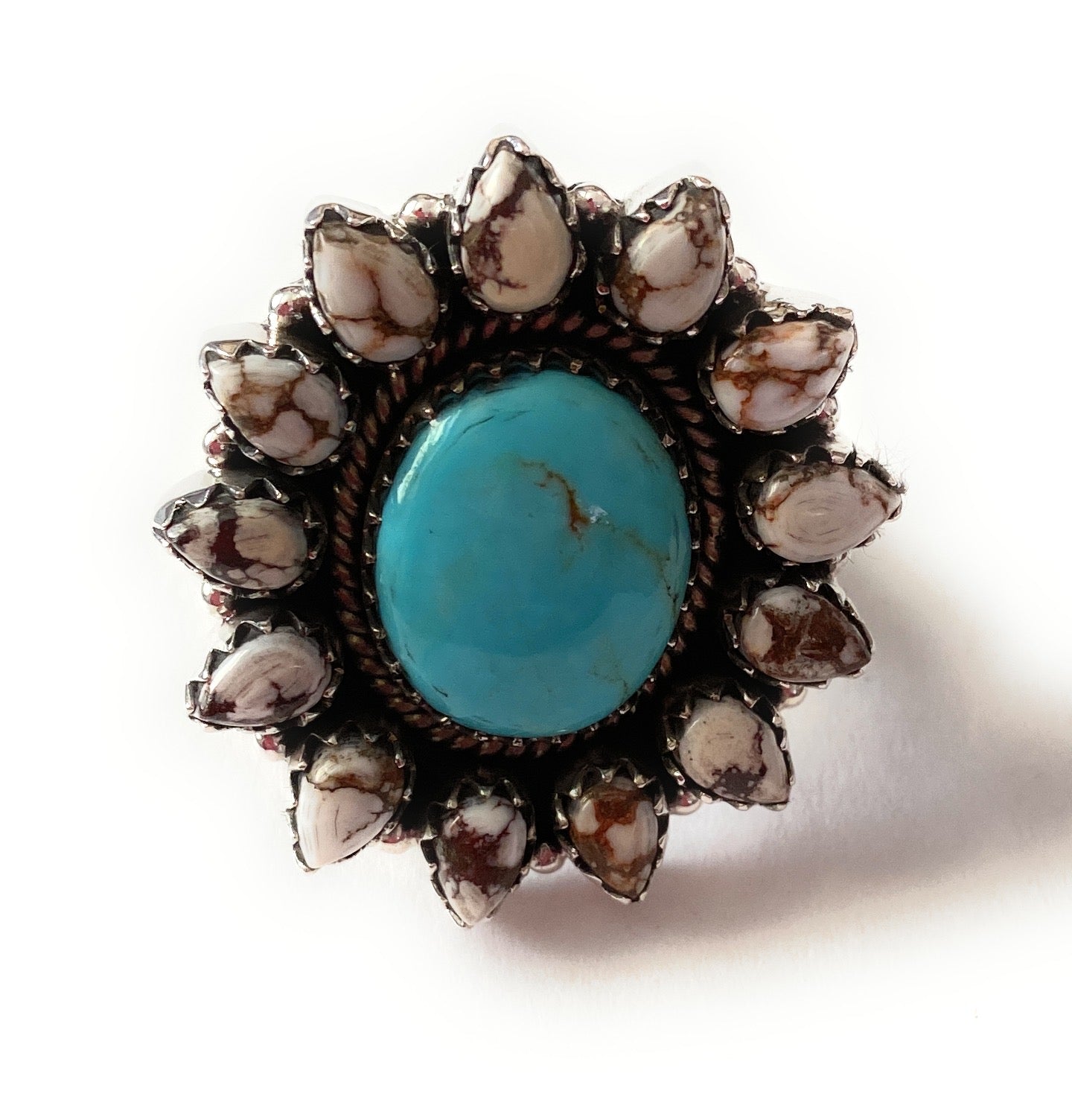 Handmade Sterling Silver, Wild Horse & Turquoise Cluster Adjustable Ring