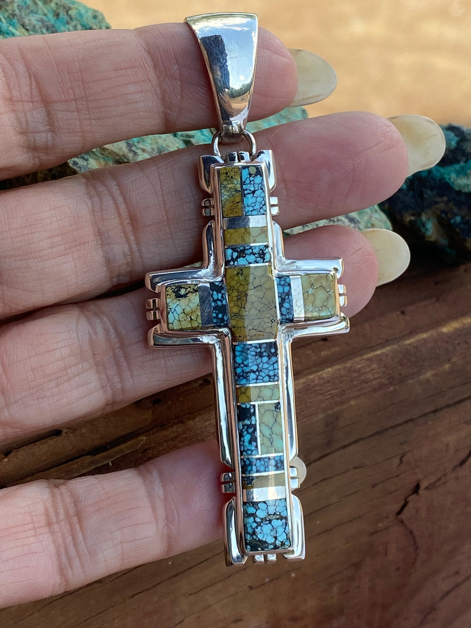 Natural Blue Moon Turquoise & Sterling Silver Navajo Cross Pendant