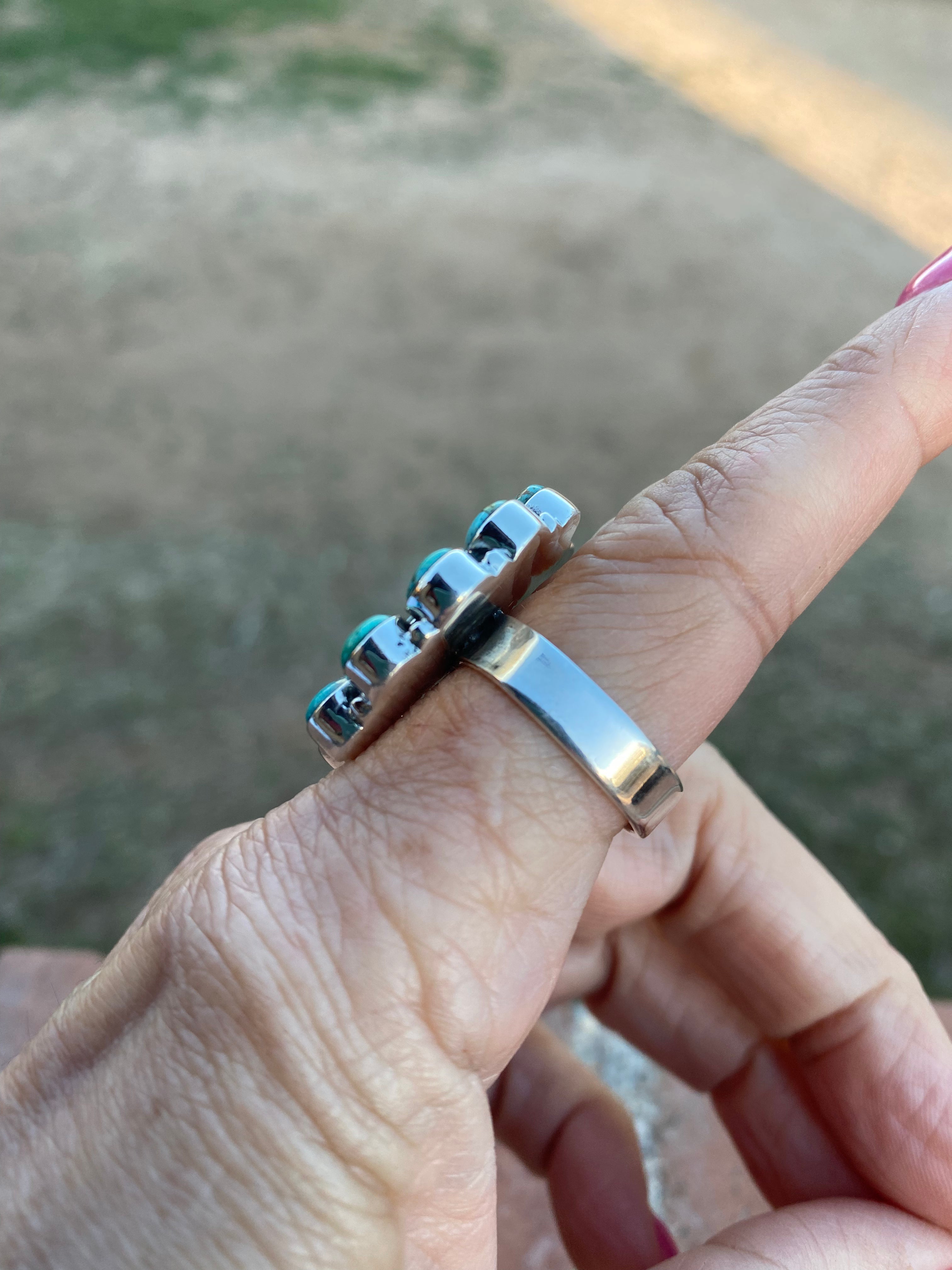 Handmade Sterling Silver Mother of Pearl & Kingman Turquoise Cluster Adjustable Ring