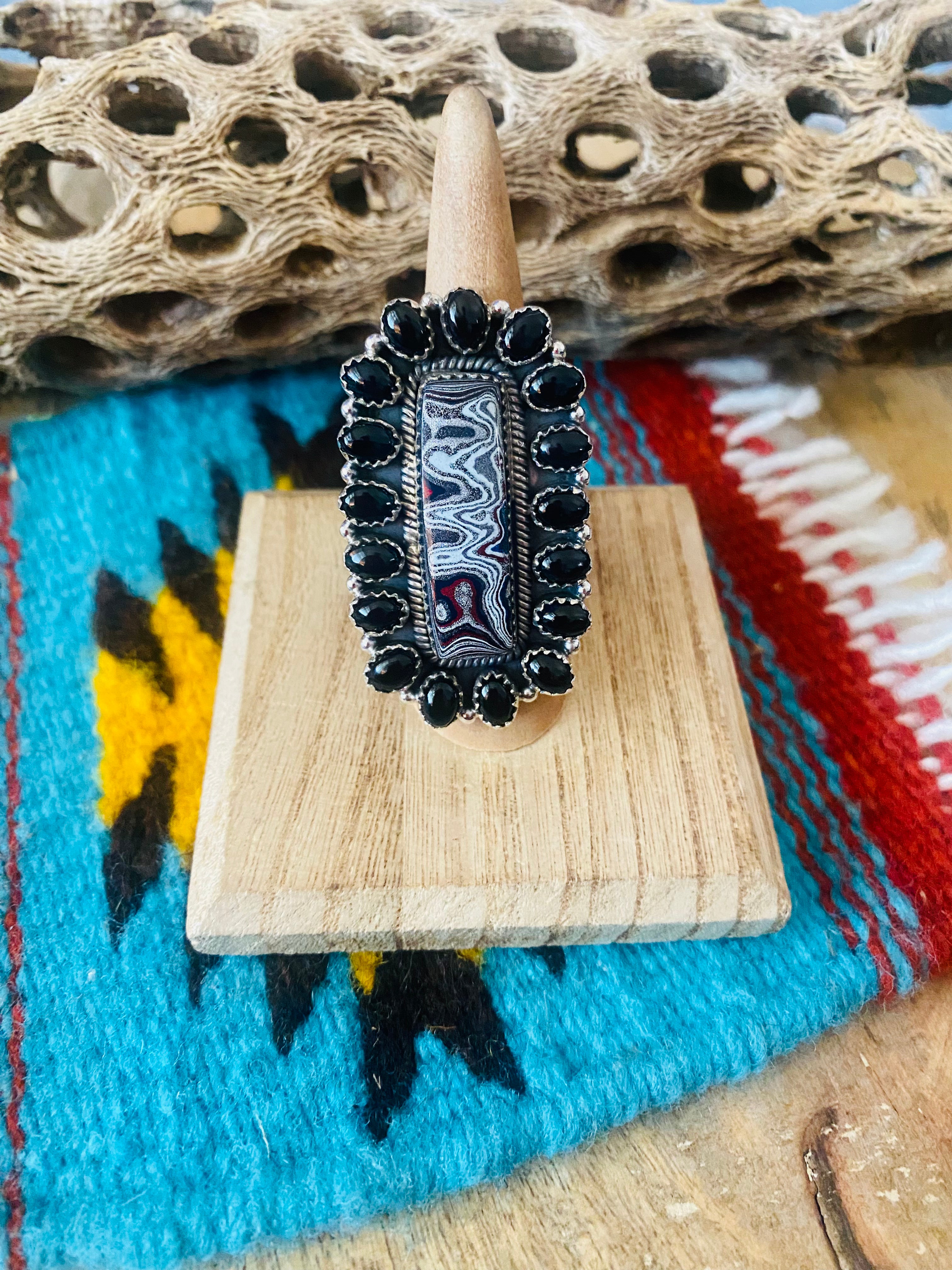 Handmade Sterling Silver, Fordite & Onyx Cluster Adjustable Ring