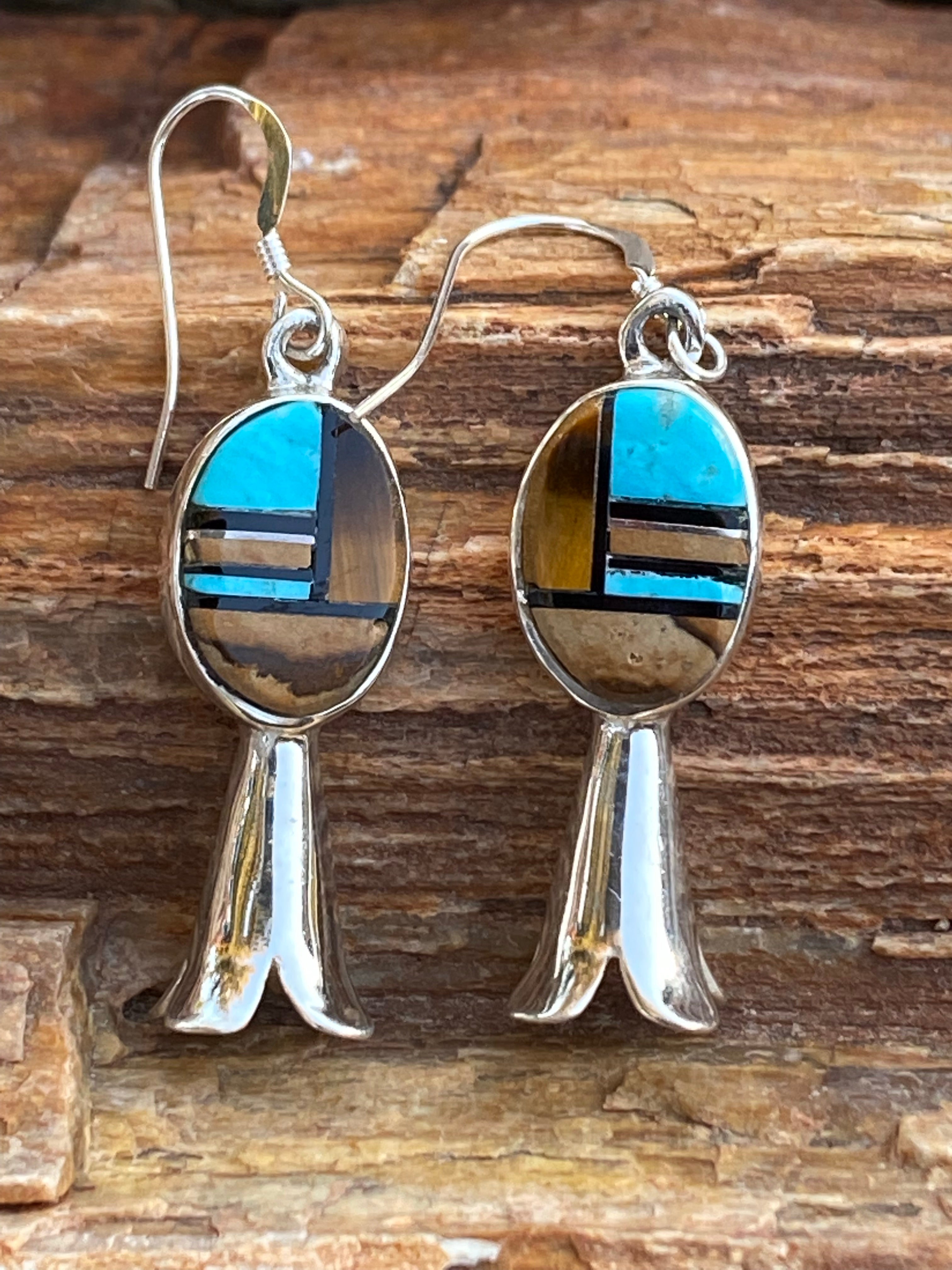 Navajo Turquoise, Onyx, Petrified Wood & Sterling Silver Blossom Dangle Earrings