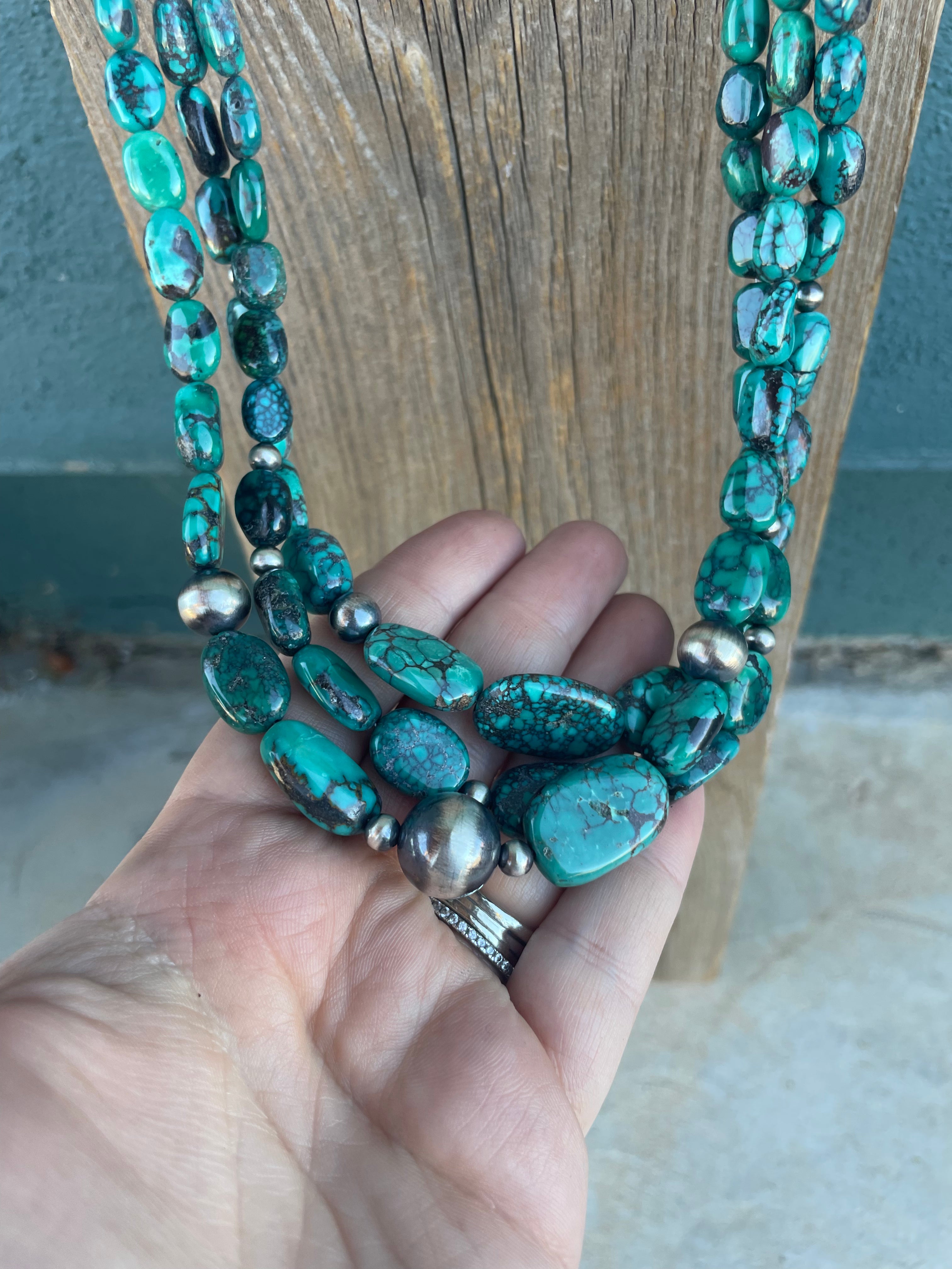 Navajo Turquoise & Sterling Silver 3 Strand Beaded Necklace