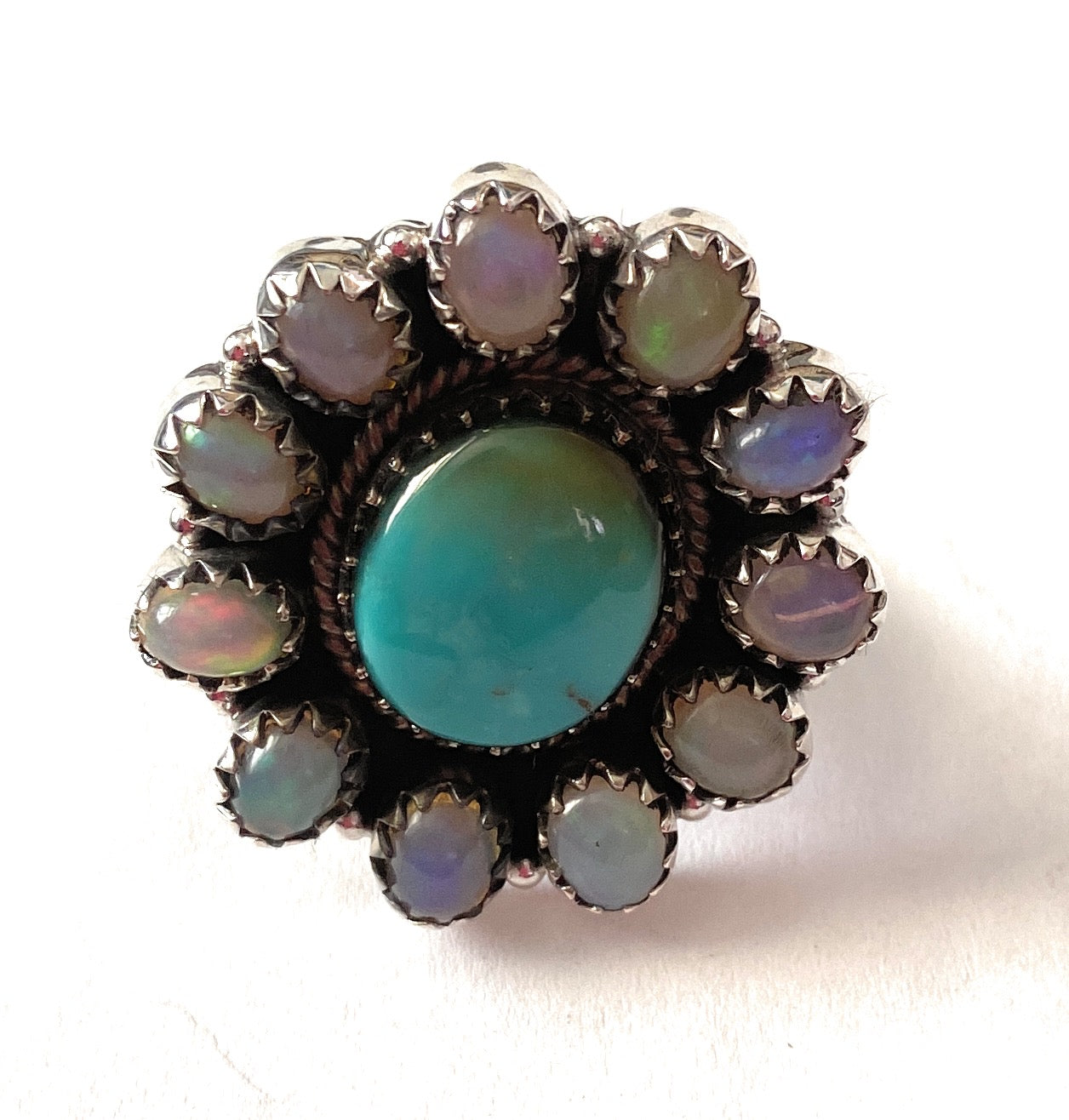 Handmade Sterling Silver, Turquoise & Opal Cluster Adjustable Ring