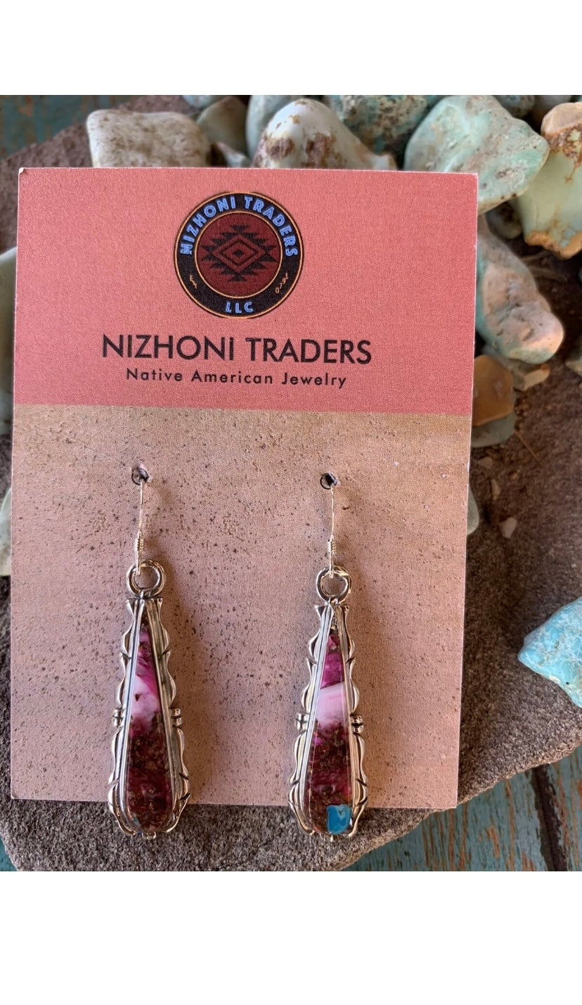 Navajo Pink Dream Mojave & Sterling Silver Jagged Edge Dangle Earrings Wire