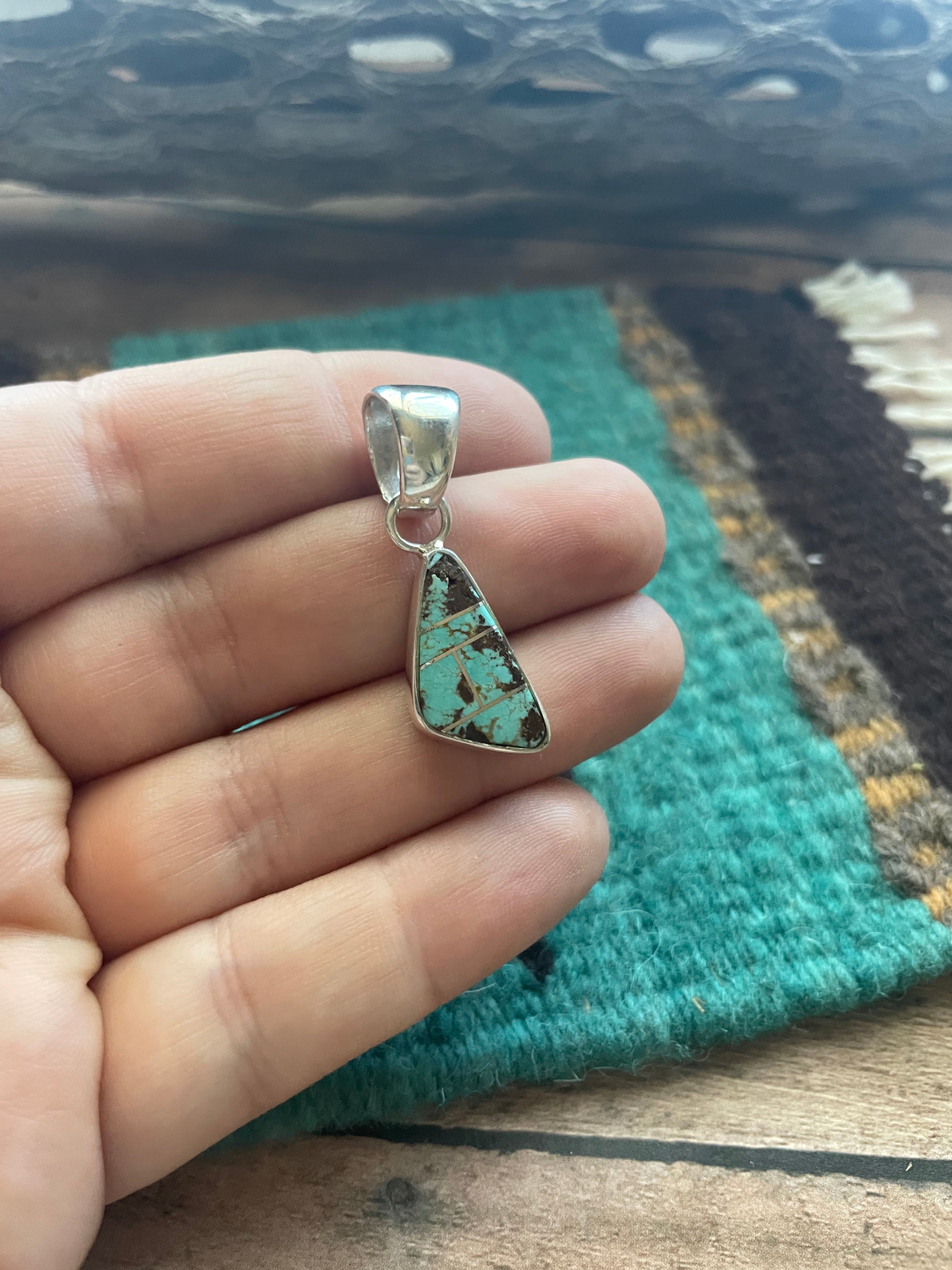 Navajo Number 8 Turquoise Inlay & Sterling Silver Pendant Signed