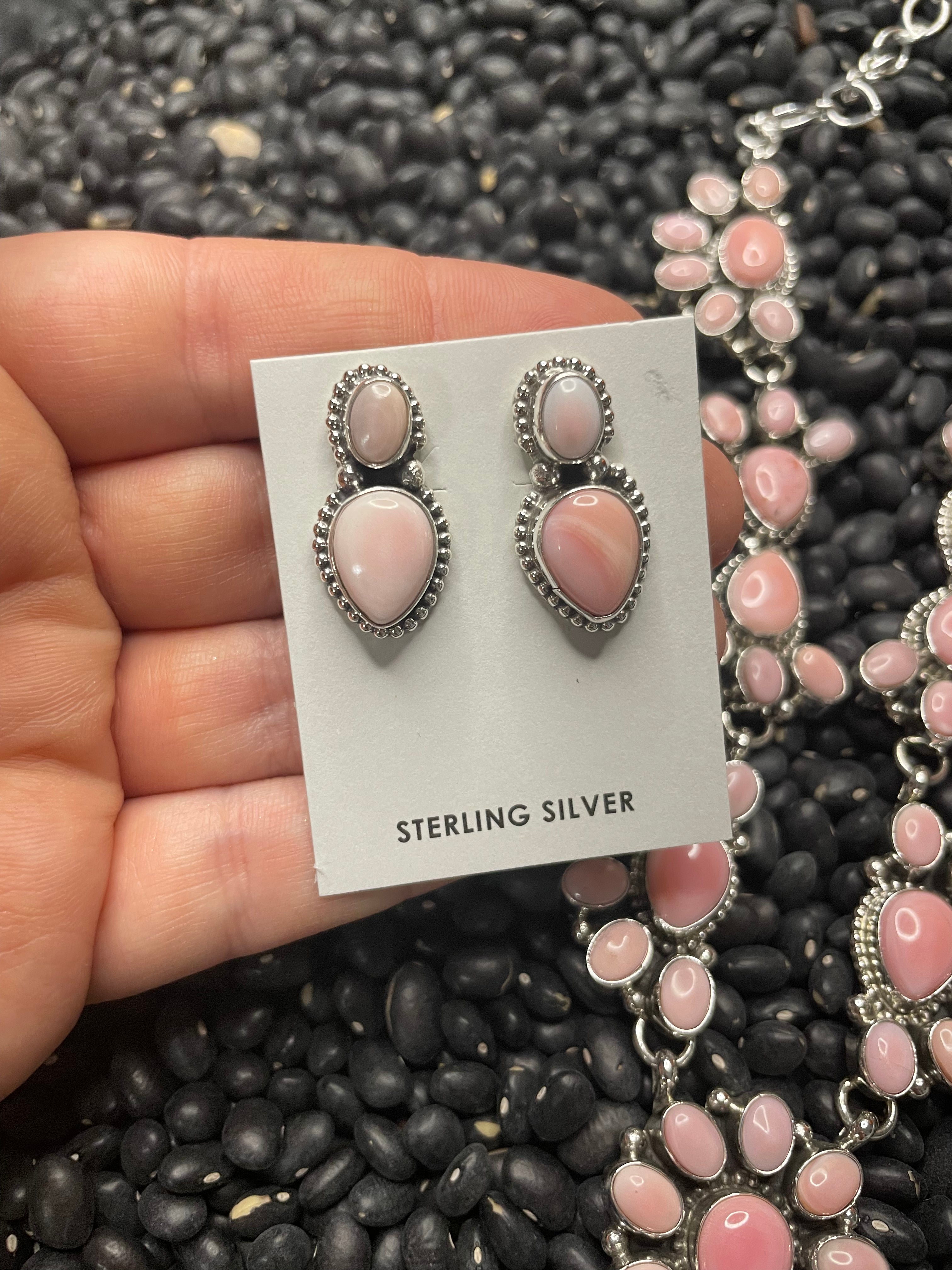 Navajo Queen Pink Conch Shell And Sterling Silver Necklace Earrings Set By Sheila Becenti