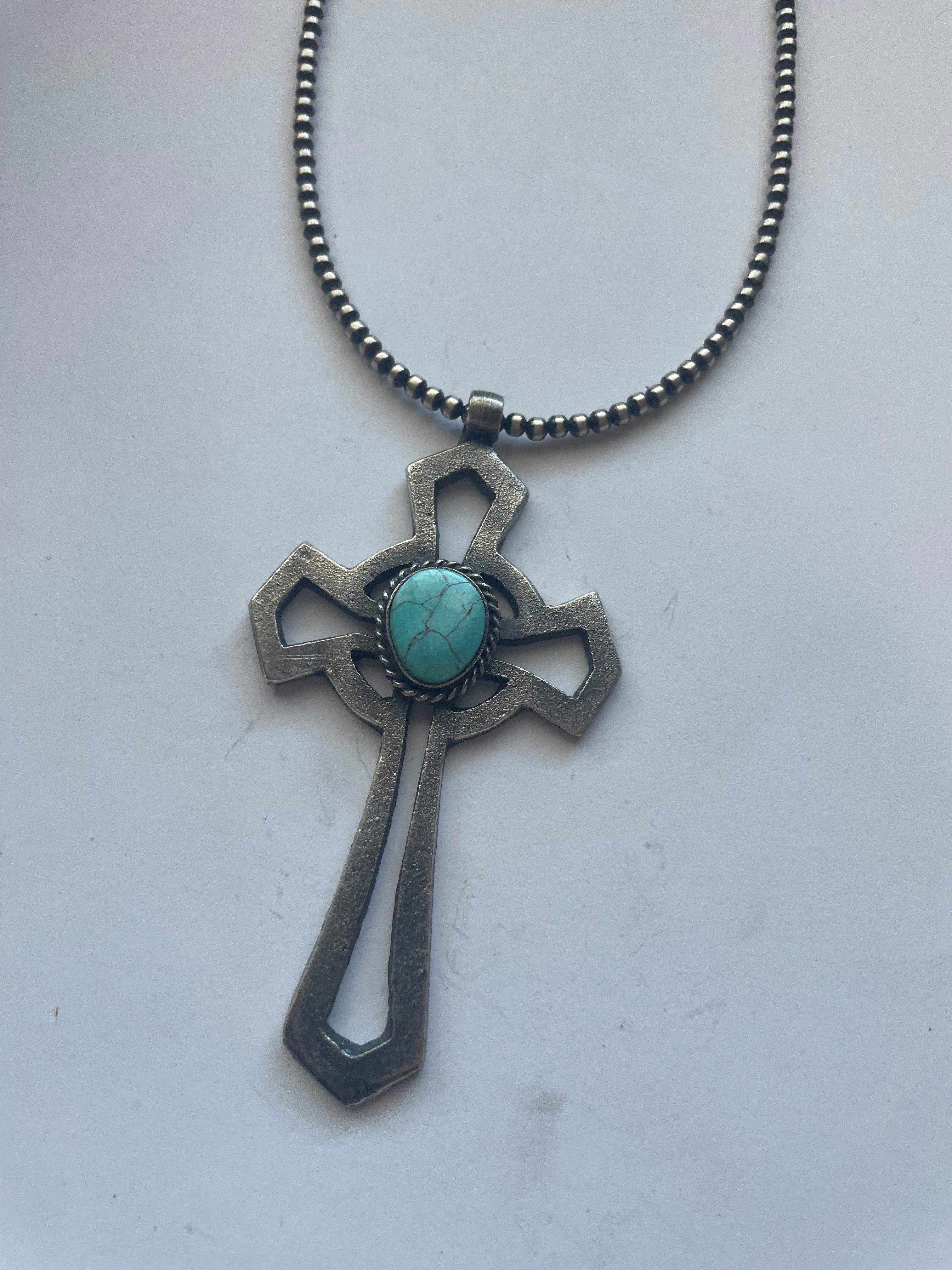 Navajo Sterling Silver & Turquoise Cross Pendant Signed Eugene Mitchell