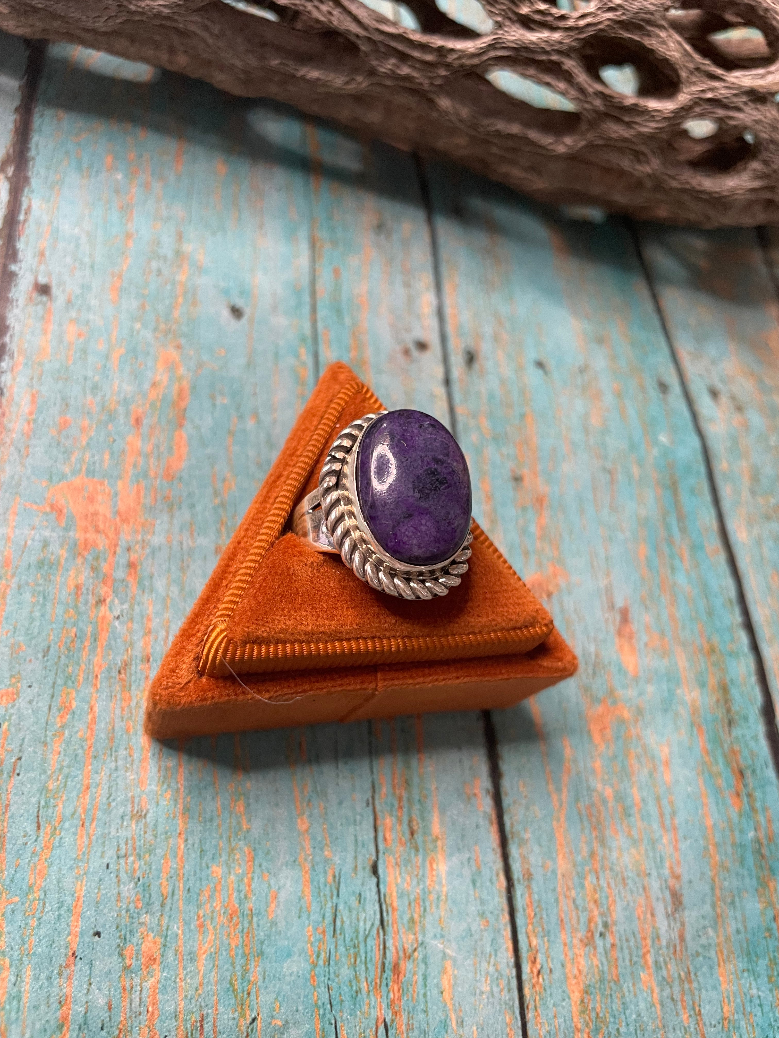 Old Pawn Navajo Sterling Silver & Charorite Ring Size 7.5