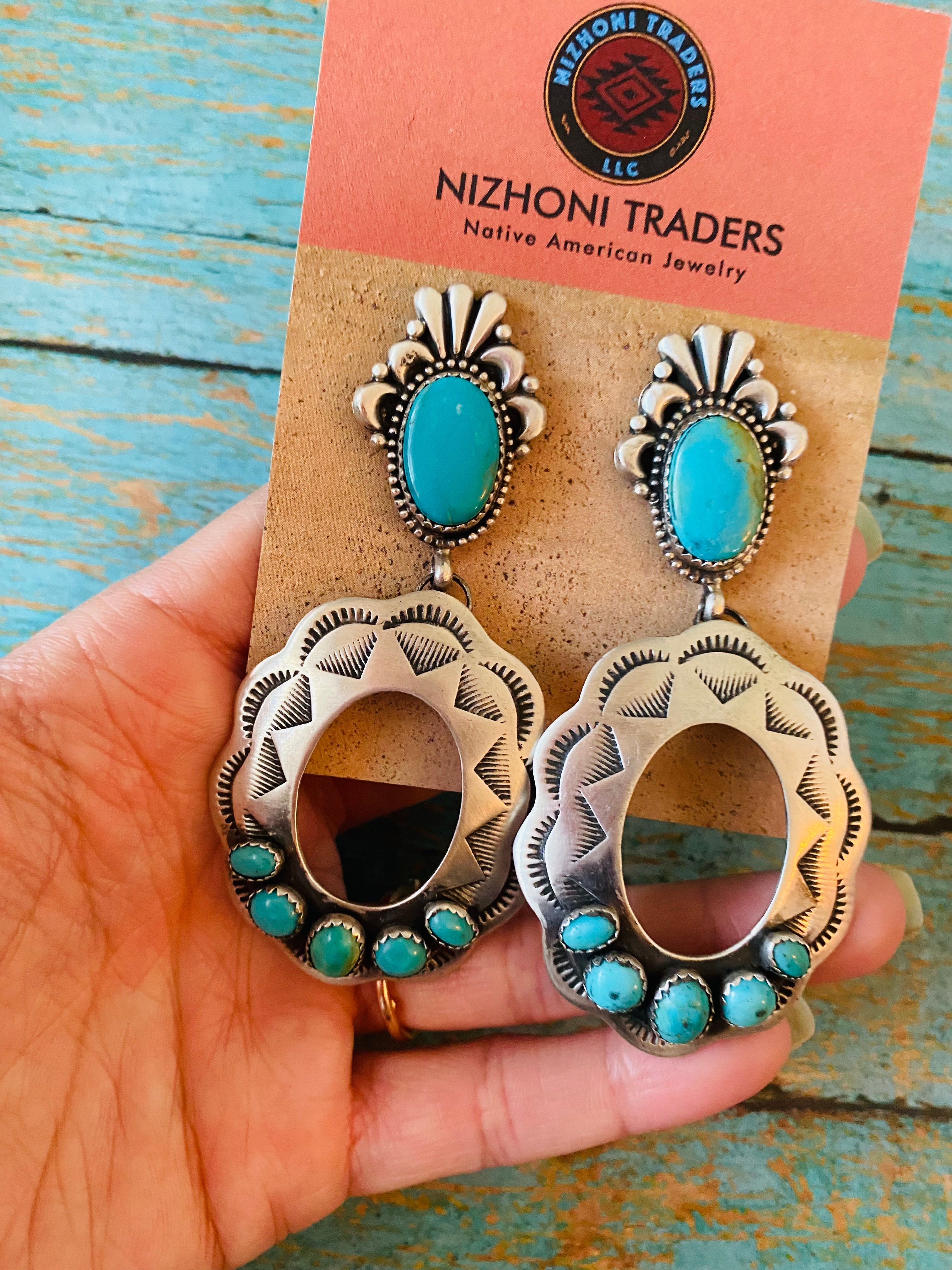 Navajo Sterling Silver & Turquoise Concho Dangle Earrings