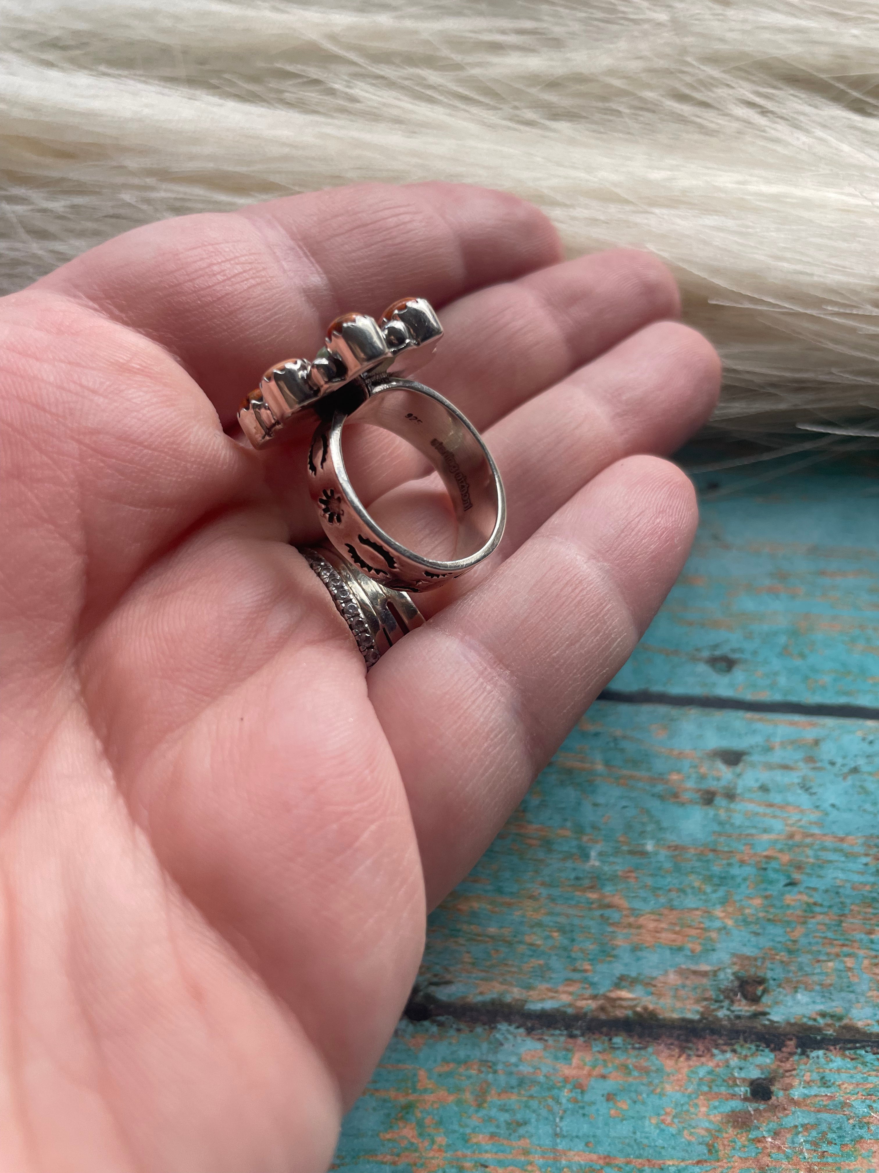 Handmade Sterling Silver, Orange Spiny & Turquoise Cluster Adjustable Ring Signed Nizhoni