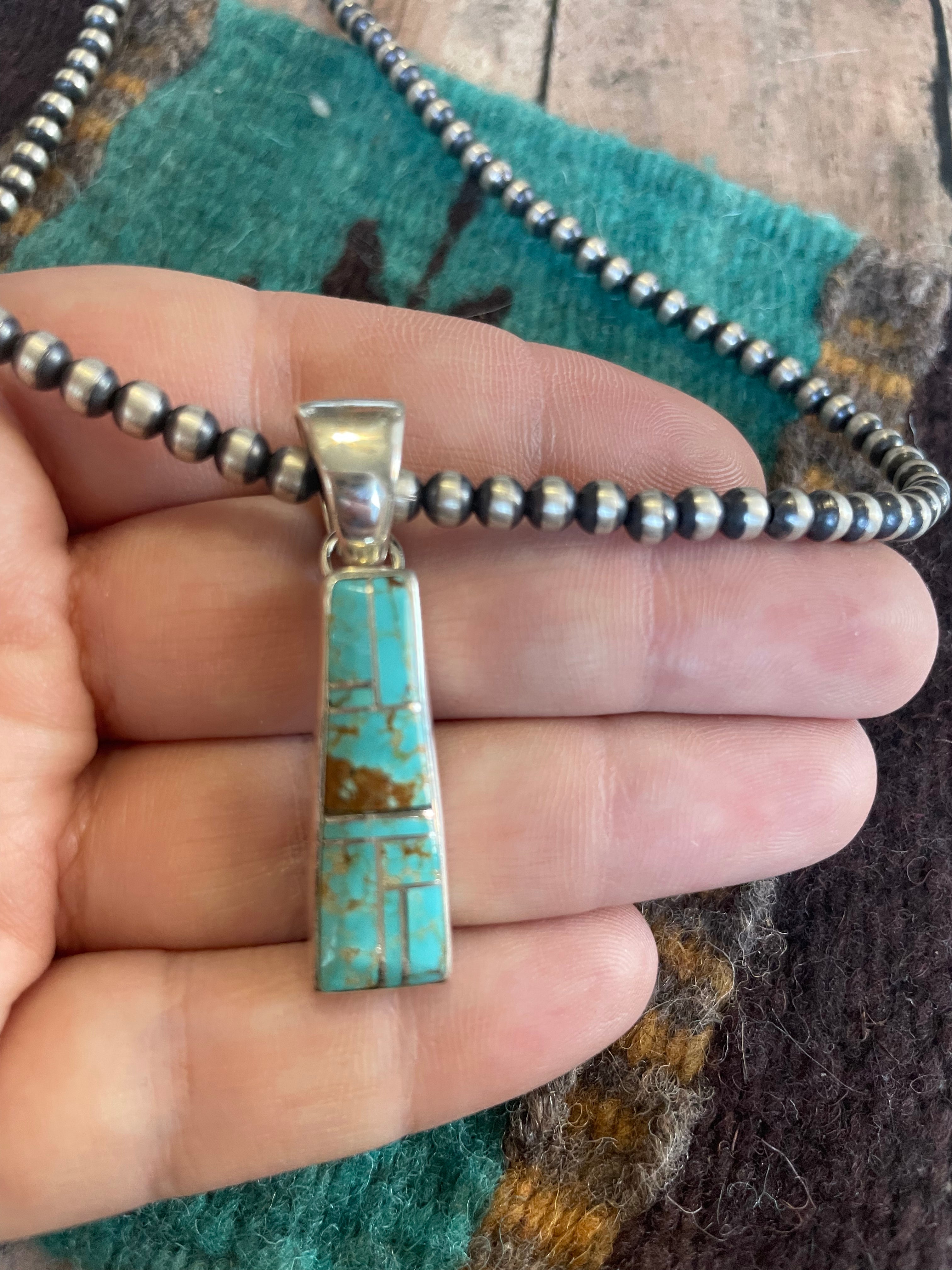 Navajo Number 8 Turquoise Inlay & Sterling Silver Pendant Signed