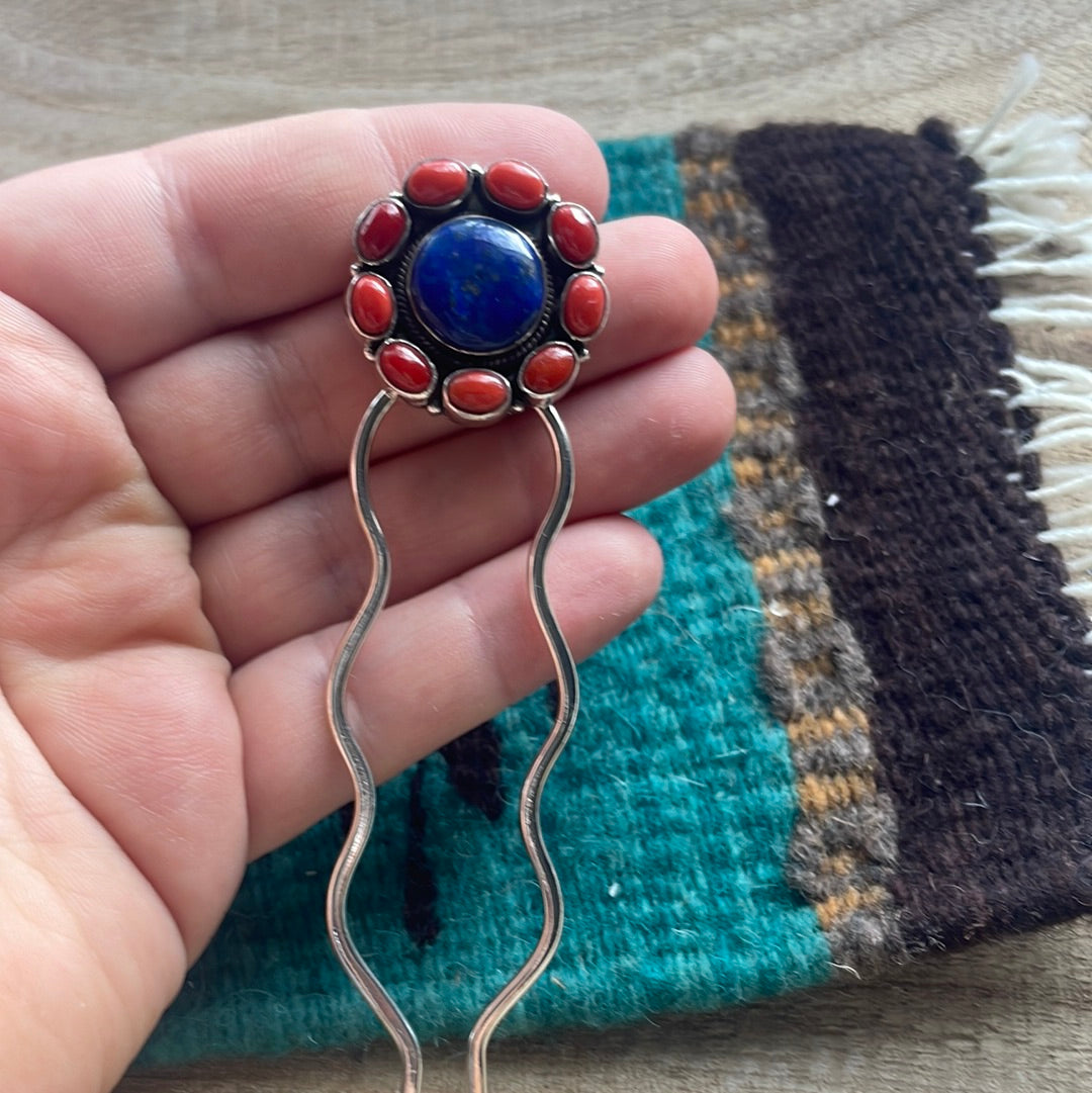 Handmade Coral & Lapis Sterling Silver Hair Pin Signed Nizhoni