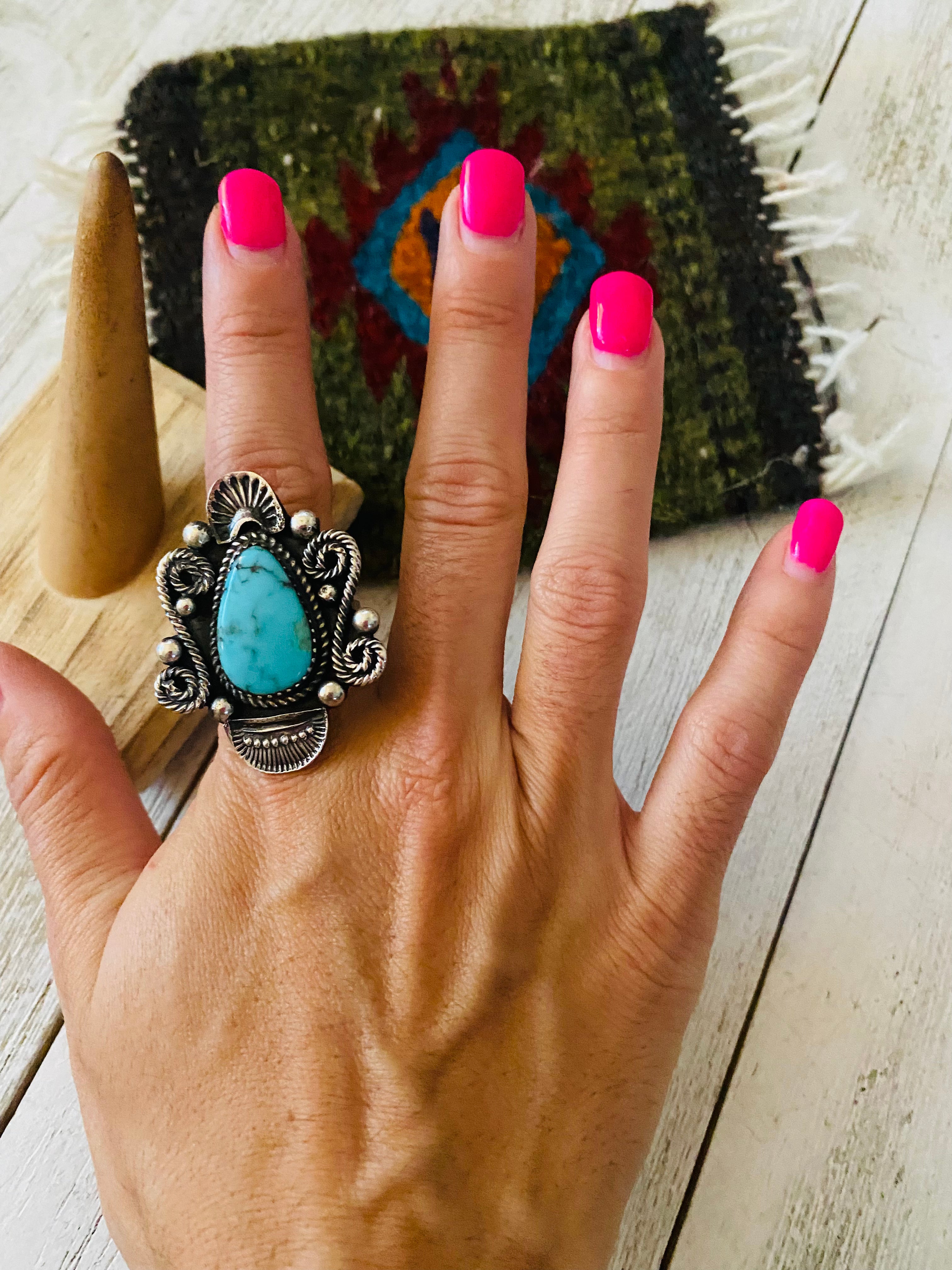 Navajo Kingman Turquoise & Sterling Silver Adjustable Ring