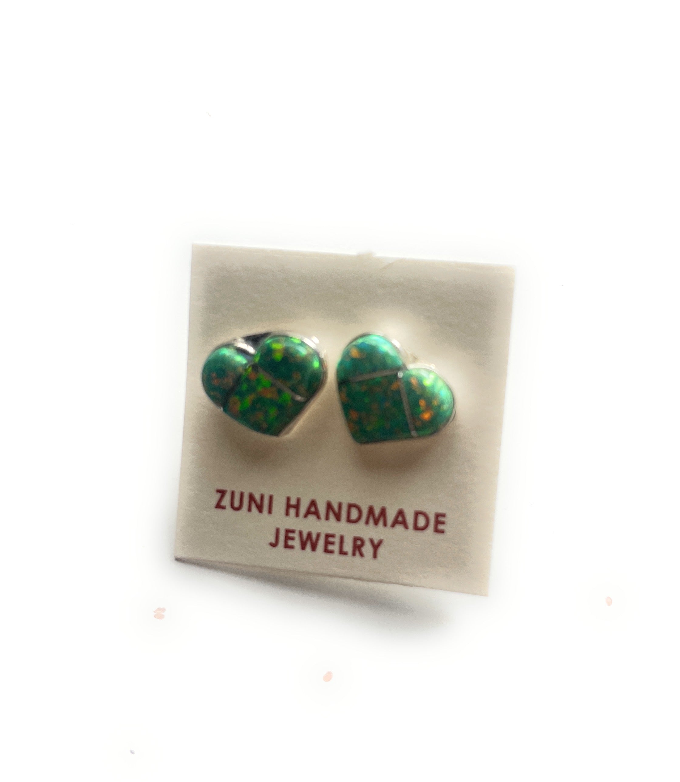 Zuni Sterling Silver & Green Opal Inlay Heart Stud Earrings