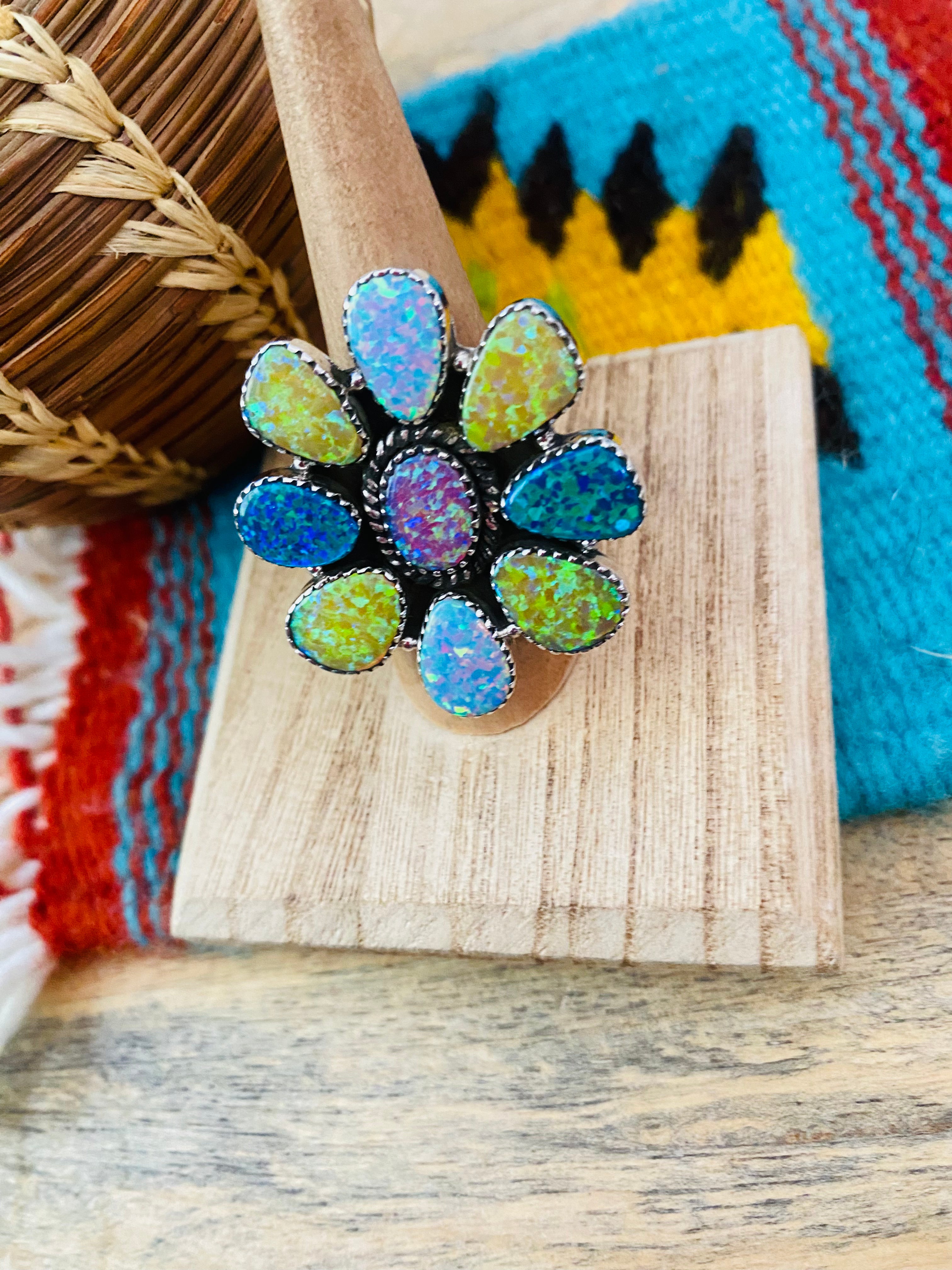 Handmade Sterling Silver & Opal Cluster Adjustable Ring