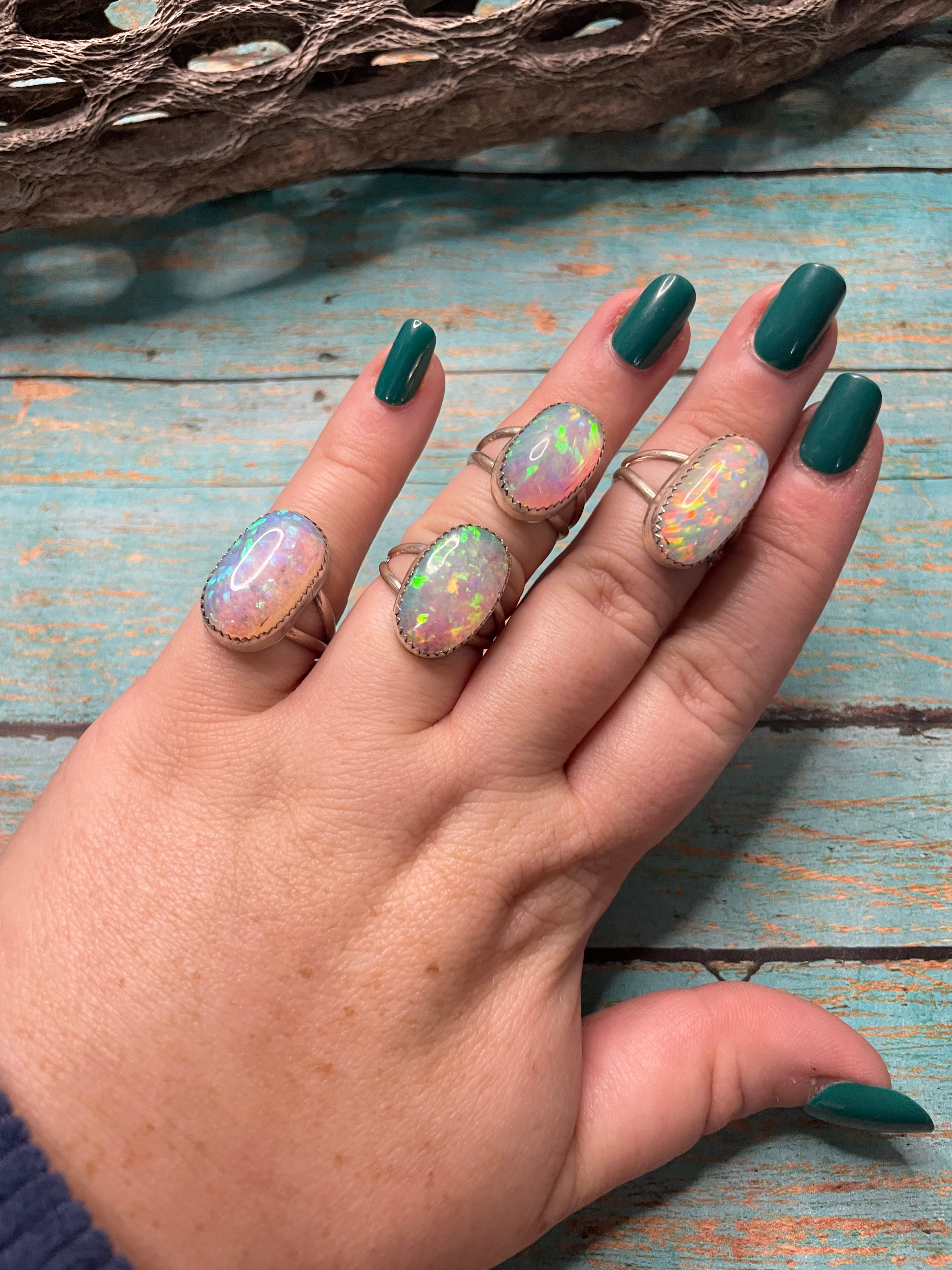 Navajo Man Made Sterling Silver & White Opal Ring