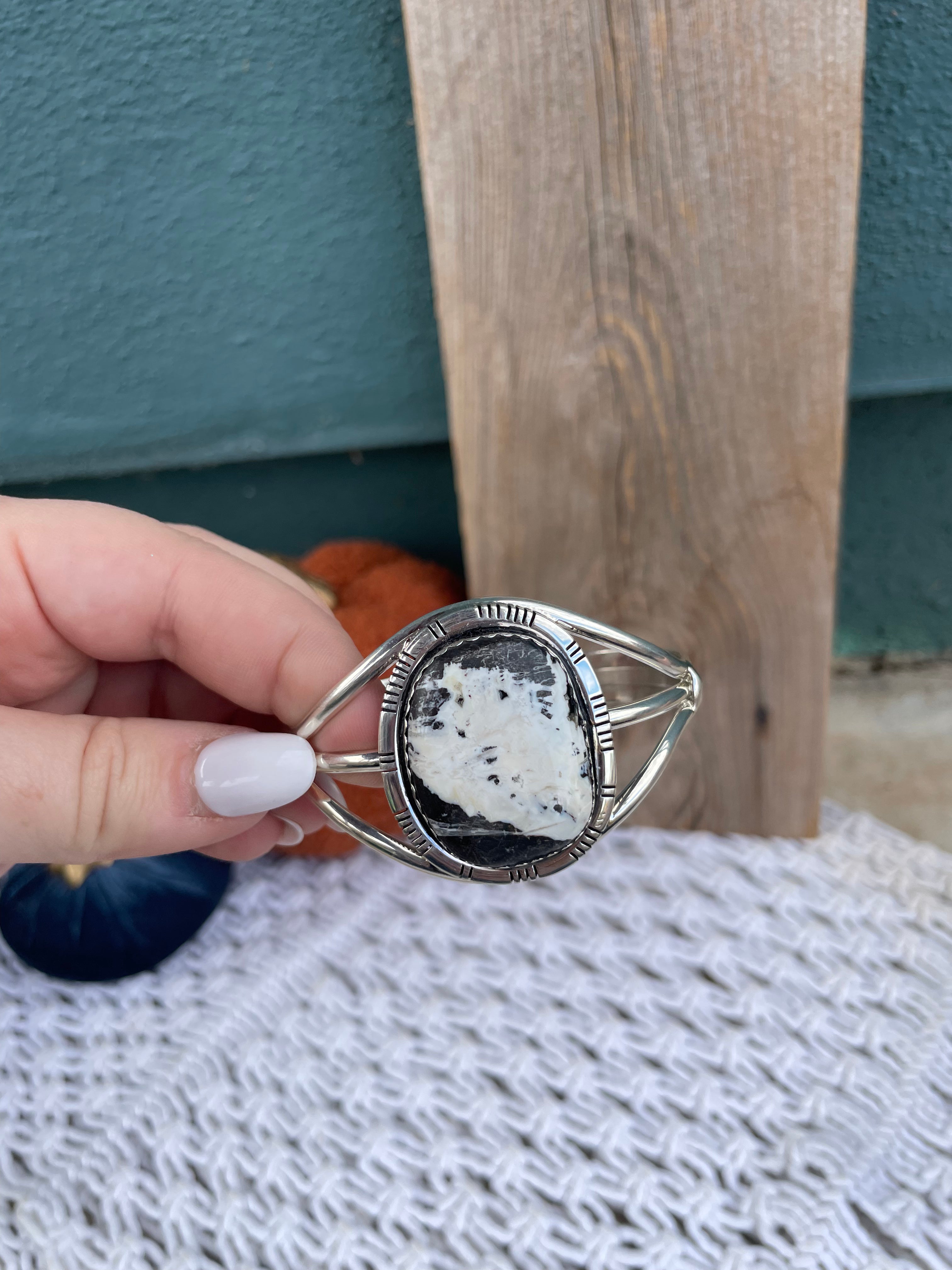 Navajo Sterling Silver And White Buffalo Adjustable Cuff Bracelet